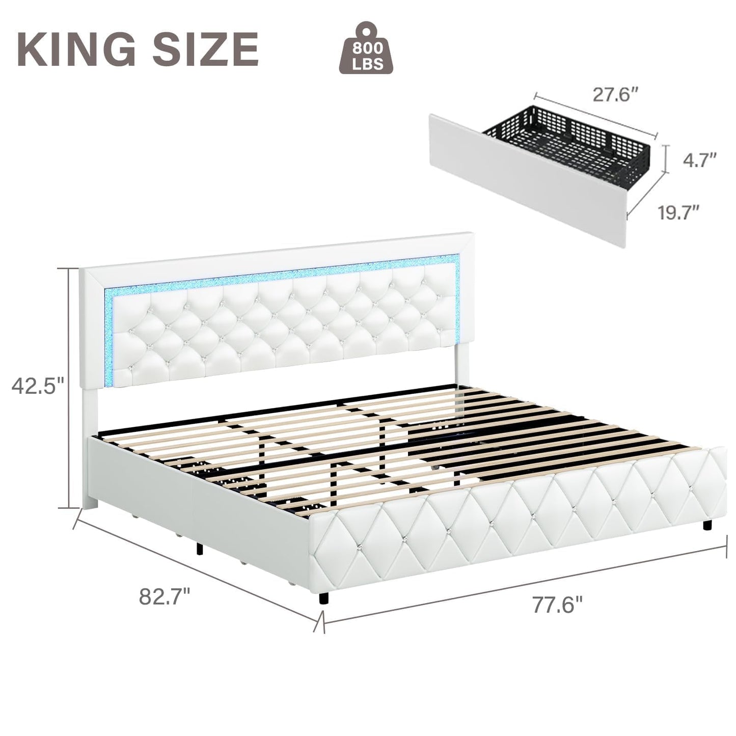 King Size Bed Frame with LED Lights and Storage Drawers, Upholstered Platform Bed with Diamond Tufted Headboard, Wooden Slats Support, No Box Spring Needed, Easy Assembly, White