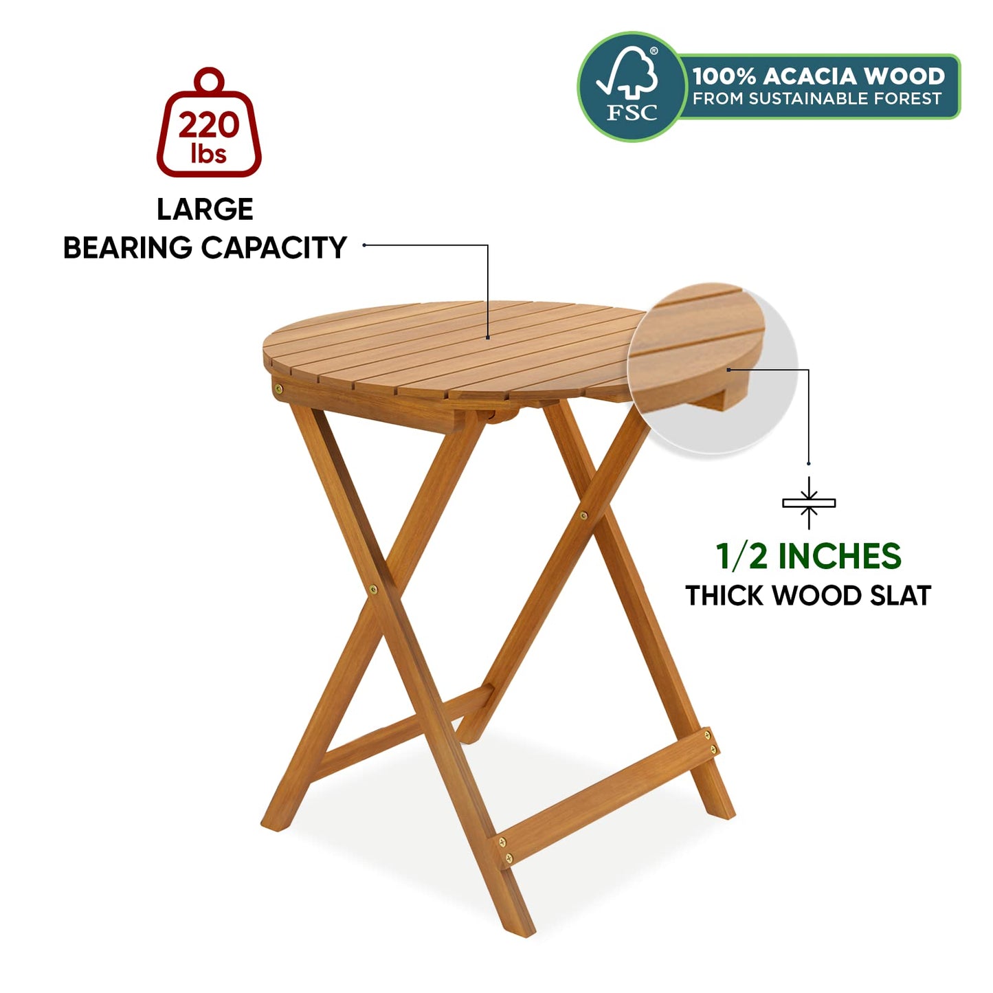 IDZO Heavy Duty 400lbs Capacity Patio Bistro Sets, 3 Piece Outdoor Folding Chairs with Cushions and Round Table, FSC-Certified Acacia Wood, Space-Saving Design for Balcony, Garden and Porch
