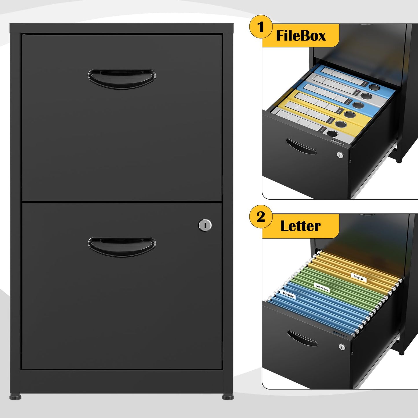 SteeLoong 2 Drawer File Cabinets,Metal Office File Cabinet with Lock,Black Filing Cabinets for Home Office,Vertical Modern File Cabinet Office Two Drawers for Hanging Letter,Assembly Required