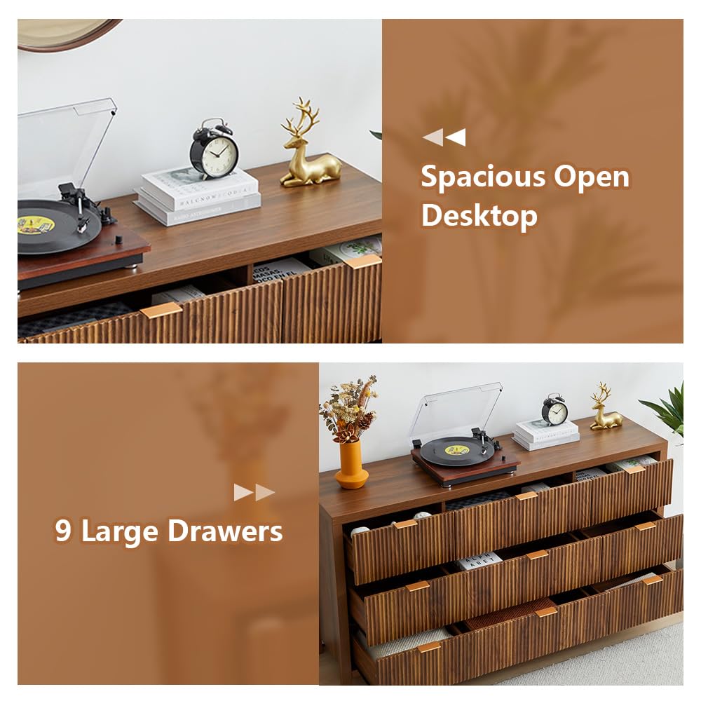 affeivul Mid Century Modern Dresser TV Stand, 9 Drawer Dresser for Bedroom Wood, Farmhouse Boho Storage Cabinet Side Table with Solid Natural Wood Legs, Long Wooden Nightstand for Closet (Walnut)