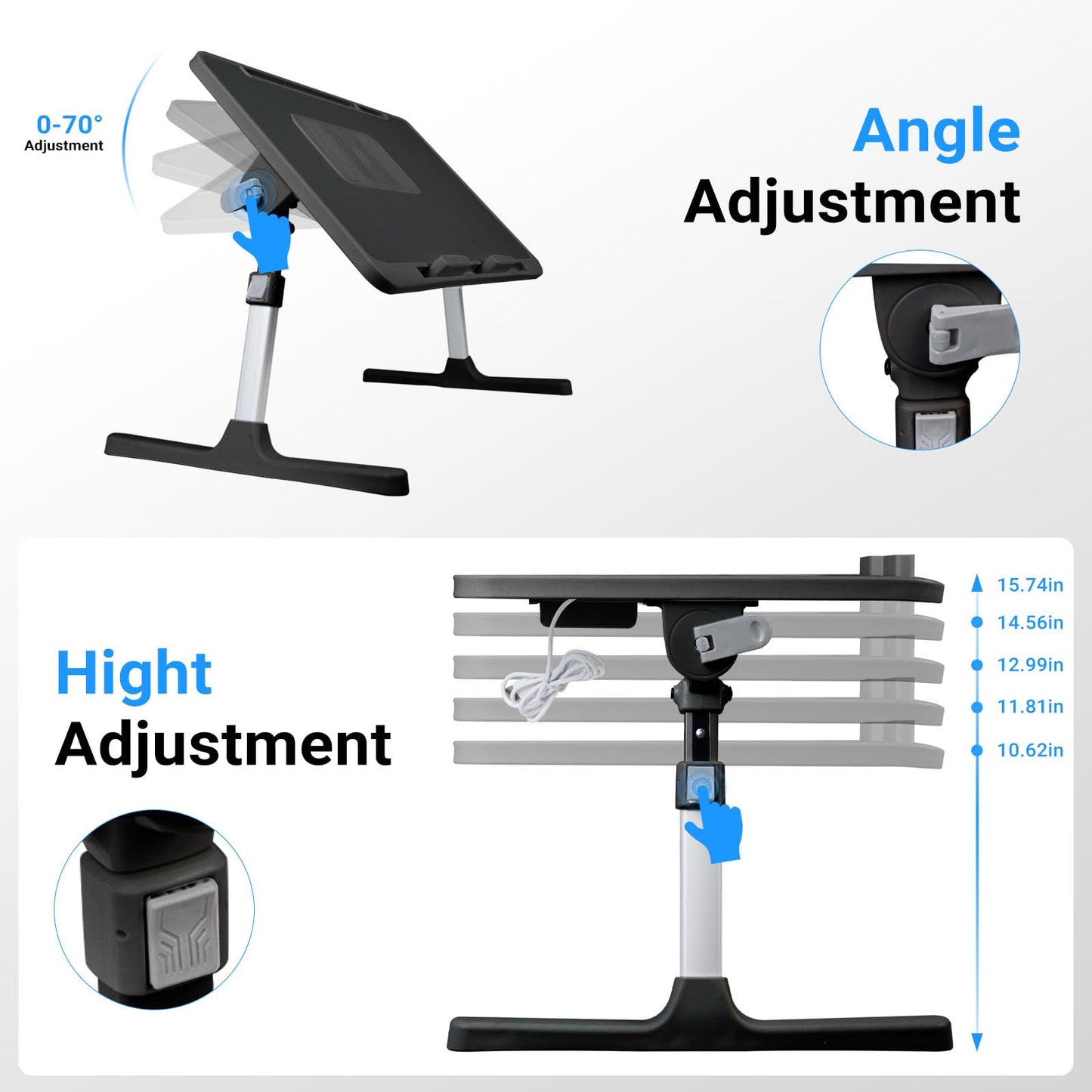 iXTRA Laptop Lap Desk with Cooling Fan - Adjustable with Light, USB, Storage Drawer - Folding Bed Desk,23.62"*15.74",Black