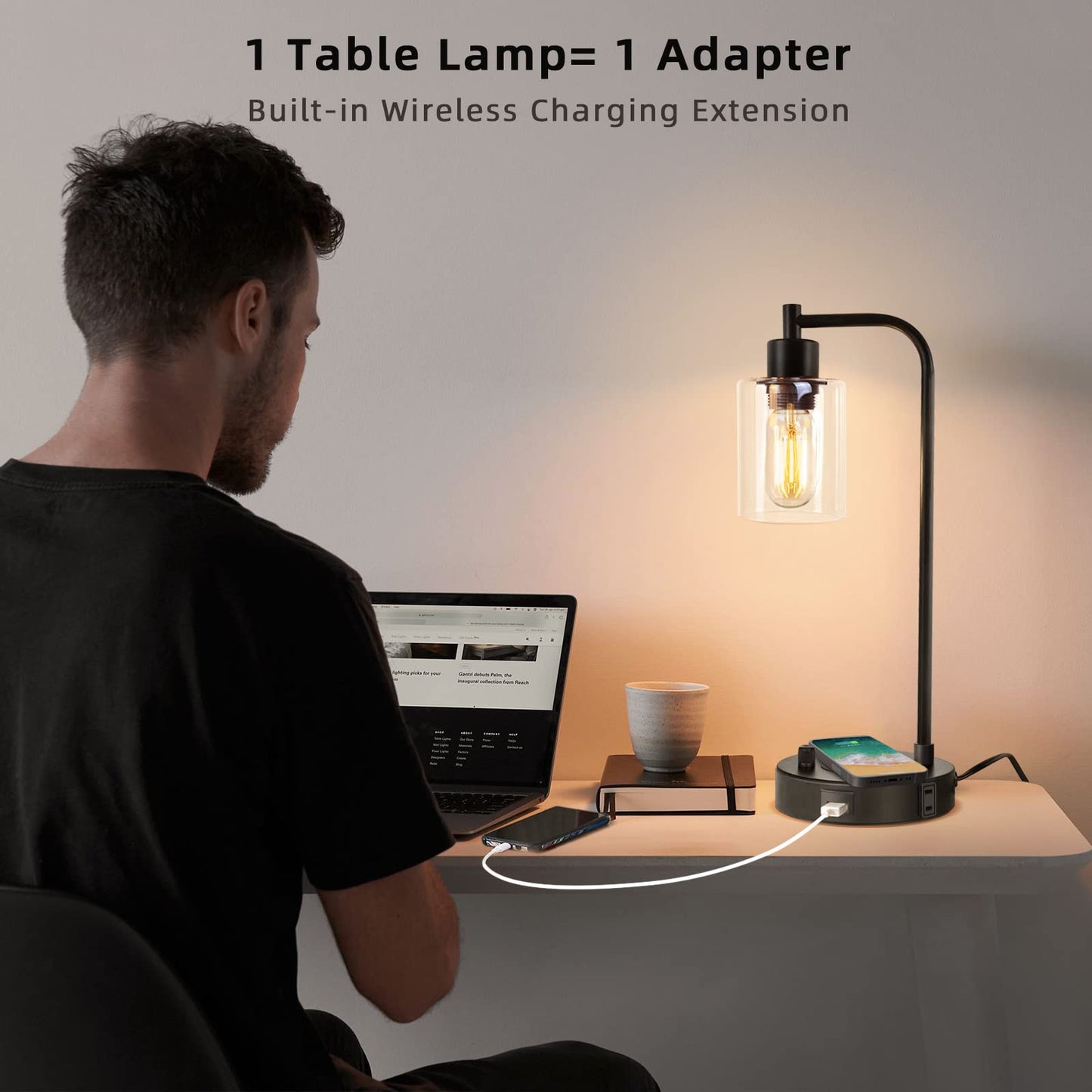 Jomshine Industrial Table Lamp with Wireless Charing, Fully Stepless Dimmable Lamps Nightstand Lamps, Desk Lamp with Glass Shade Reading Lamp for Office Living Room (Black)