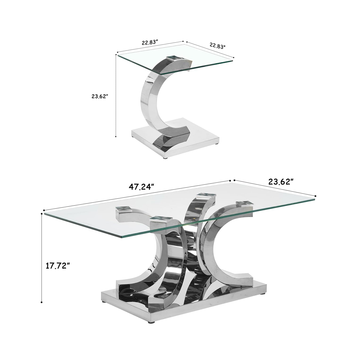 KUVADAZ 2 Pieces Living Room Table Set, Glass Coffee Table Set of 2, Modern Coffee Table and End Table with C-Shaped Stainless Steel Base for Living Room (Silver)