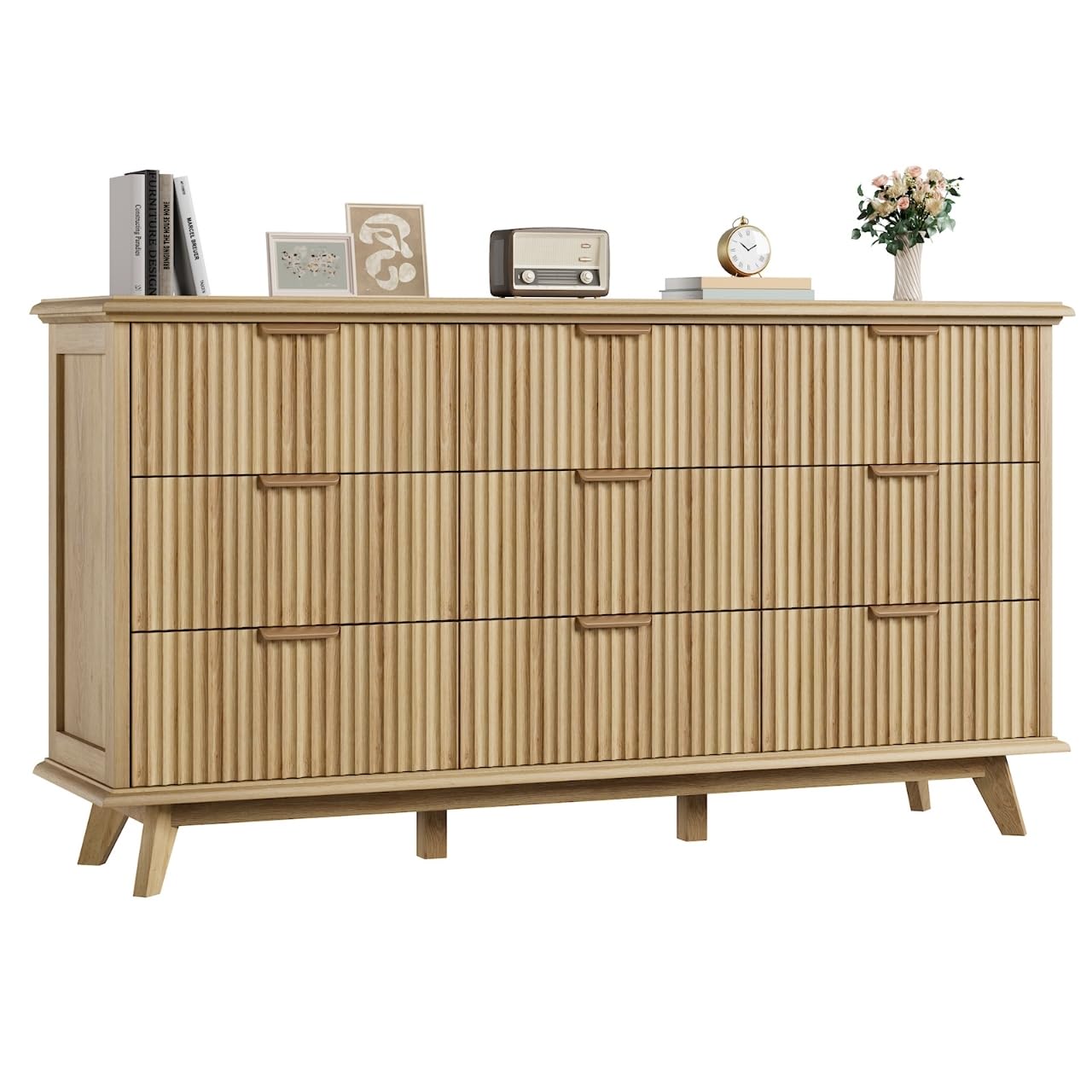 QUW Fluted 9 Drawers Dresser, 59.1" Wide Modern Chest of Drawers with Metal Handle, Large Dresser TV Stand, Wood Drawer Organizer for Bedroom, Living Room, Hallway, Dormitory, Natural Oak