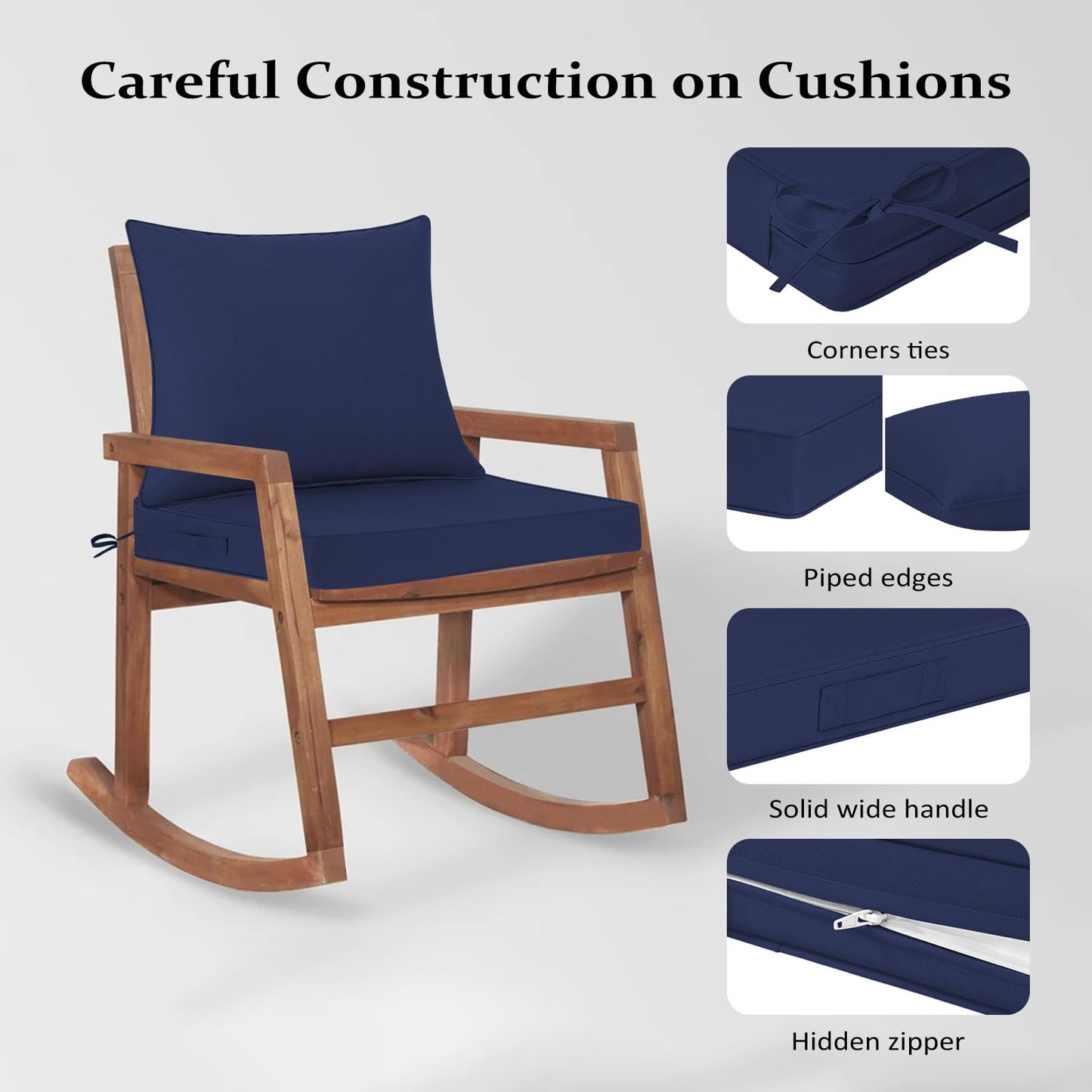 Cozyide Outdoor Chair Cushions 24x24, Washable Patio Furniture Cushions with Removable Cover, Waterproof Outdoor Deep Seat Cushion Set with Non-Slip Ties and Handle, Navy