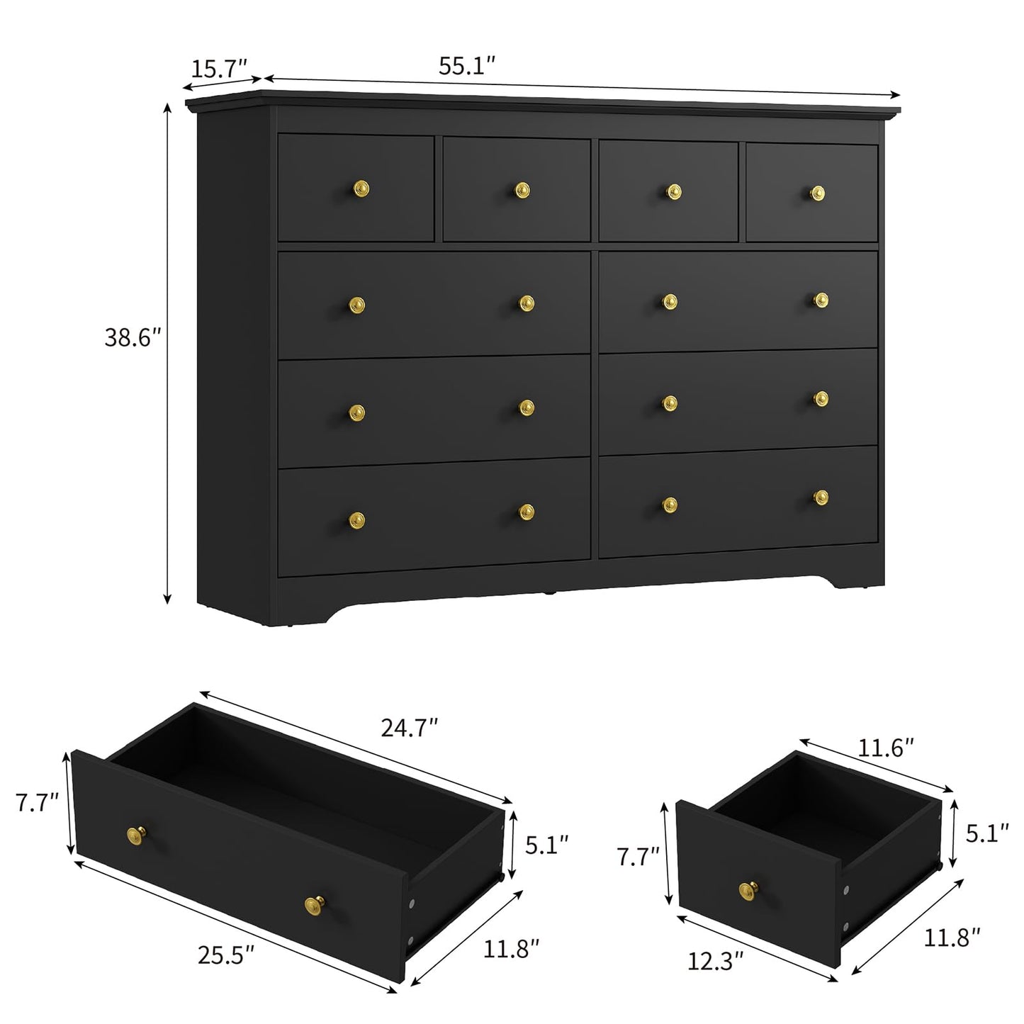 LYNSOM Modern 10 Drawer Dresser, 55.1" Wide Dressers & Chests of Drawers with Large Capacity Storage, Mid Century Black Dresser for Bedroom, Hallway, Black