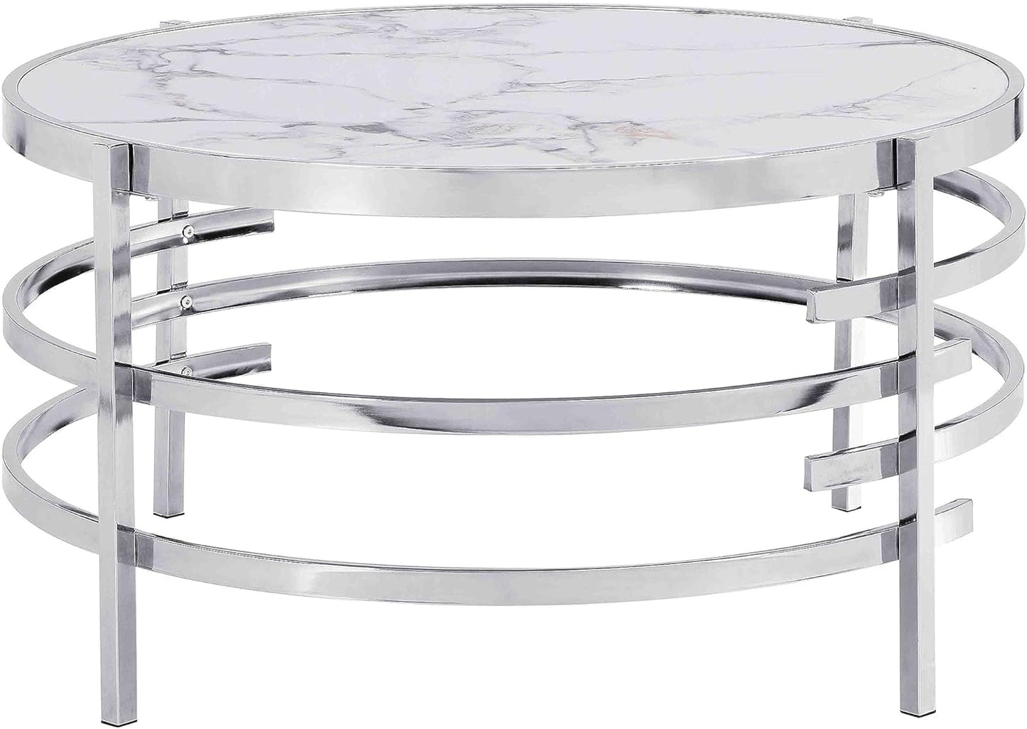 KUVADAZ Sintered Stone Coffee Table with Silver Chrome Metal Base, Round Coffee Table Modern Center Tables Circle Living Room Cocktail Tables for Home Office, White
