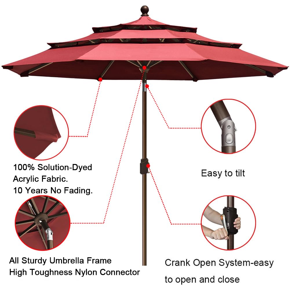 EliteShade USA 10-Year-Non-Fading 9Ft 3 Tiers Market Umbrella Patio Umbrella Outdoor Table Umbrella with Ventilation, Burgundy