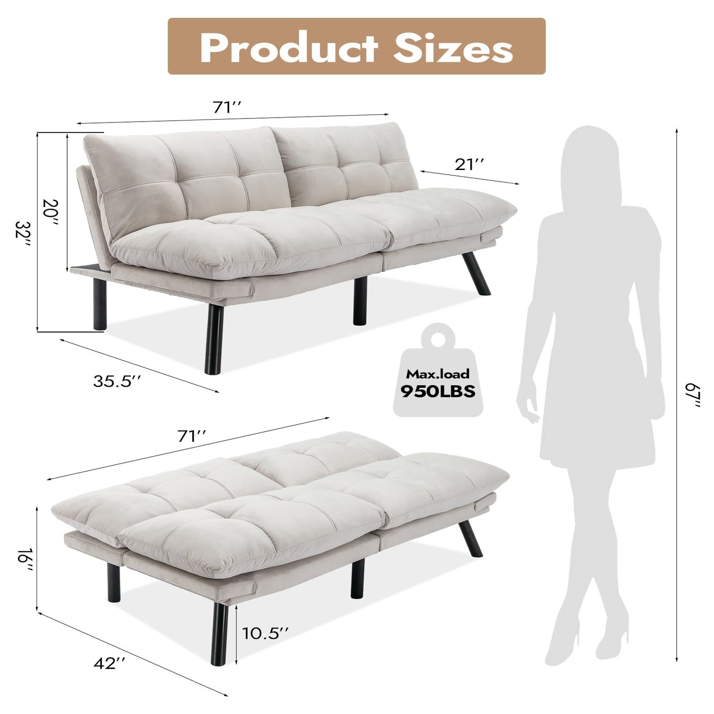 Comfortable Futon Sofa Bed, Memory Foam Loveseat, Convertible Adjustable Sofa Bed CouchSuitable for Office, Home, and Bedroom (White)