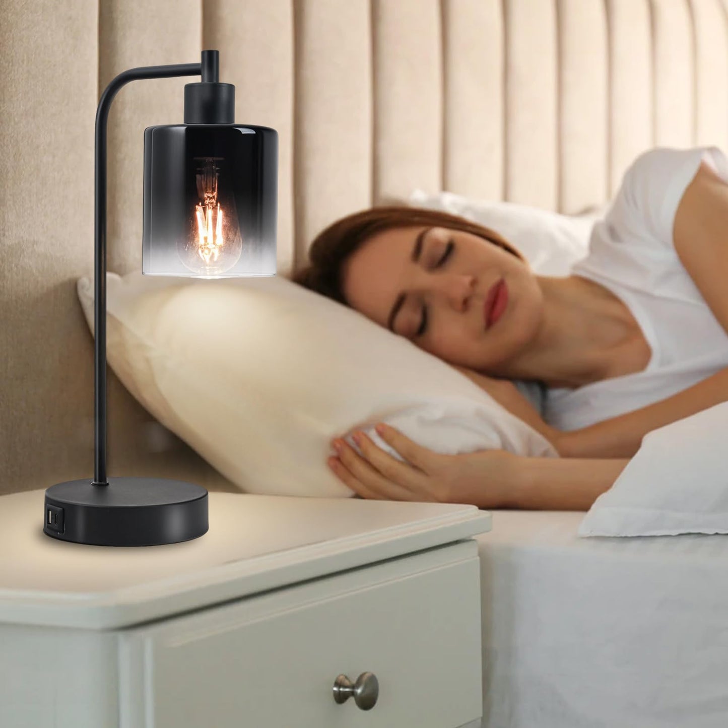 Modern Table Lamps for Bedroom Set of 2 with USB Ports, 3 Way Dimmable Touch Lamp for Night Stands, Industrial bedside lamp with charging station, Black Small Nightstand Lamp for Living Room End Table
