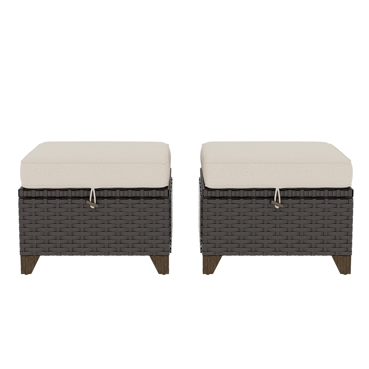 MeetLeisure 2 Pieces Patio Outdoor Ottomans with Removable and Washable Covers，PE Rattan Wicker Footstools for Porch, Garden, Sunroom (Beige)
