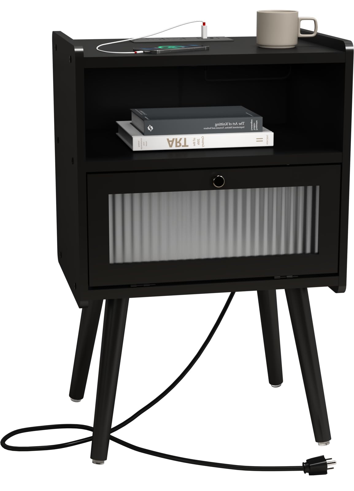 Mid Century Modern Nightstand with Charging Station, Bedside Tables with Glass Decorative Door, End Table Side Table with 2 Tiers Storage Space, for Bedroom, Living Room, Black