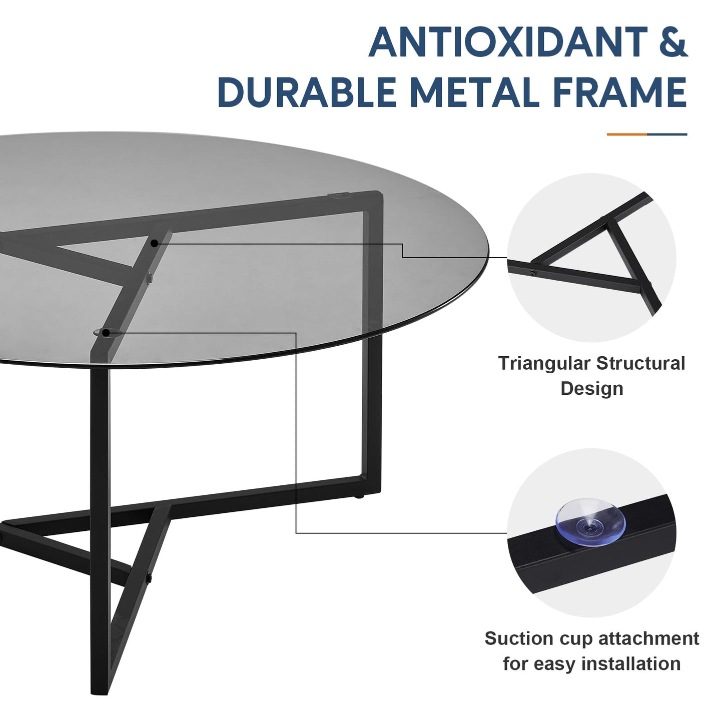 CLIPOP Small Round Coffee Table, Tempered Glass Coffee Table with Triangle Structure Metal Frame, Adjustable Feet Padded, Modern Coffee Table for Living Room, Small Space, Black