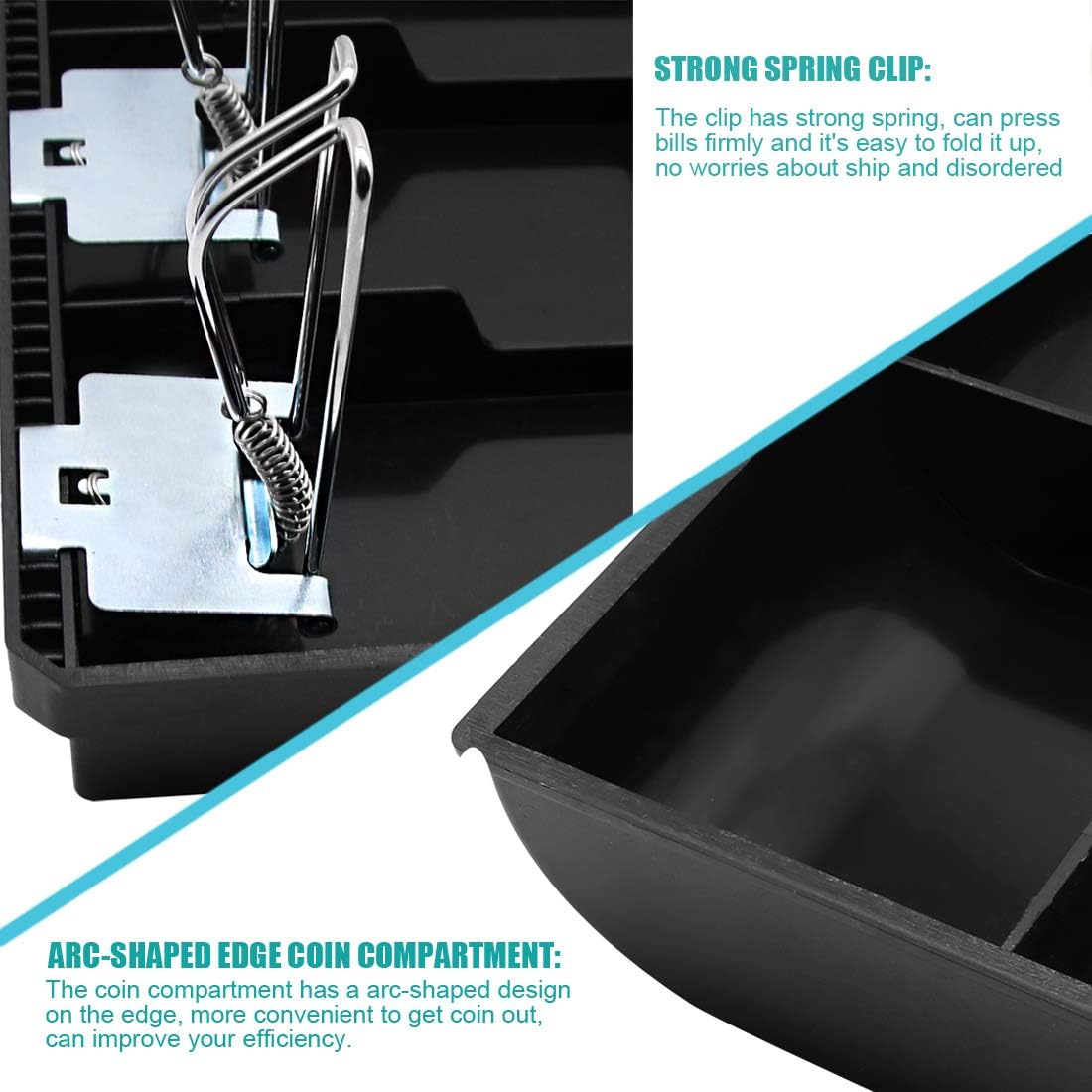 Cash Register Drawer Insert Tray 5 Bill/4 Coin Compartments with Metal Clip for Money Storage, Black