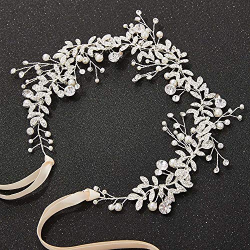 SWEETV Crystal Bridal Headpiece Silver Wedding Headband for Brides Pearl Hair Vine Rhinestone Hair Accessories for Women