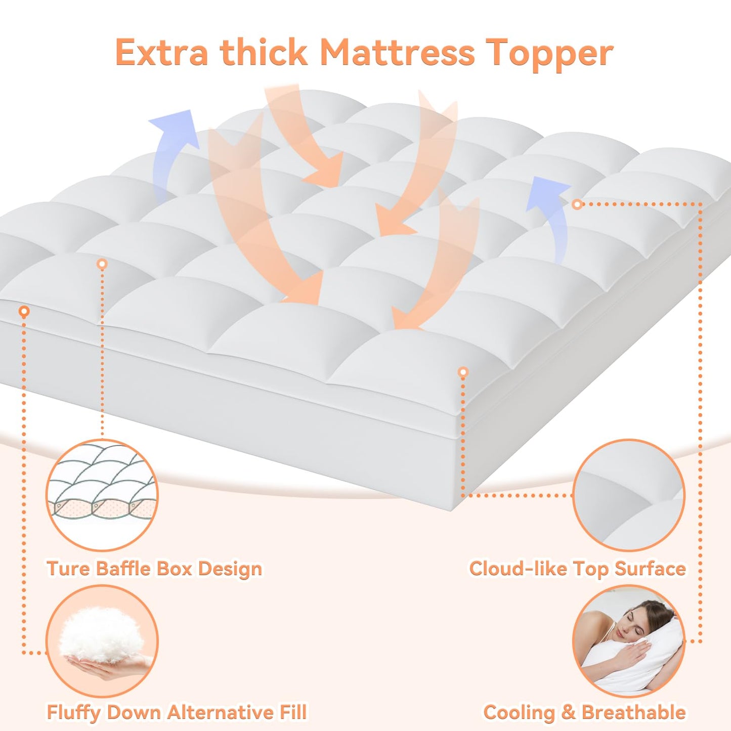 Topllen King Mattress Topper for Back Pain Relief, Extra Thick Pillow Top Plush Mattress Pad with Deep Pocket, Soft Pillowtop King Size Bed Toppers Filled Fluffy Down Alternative, White