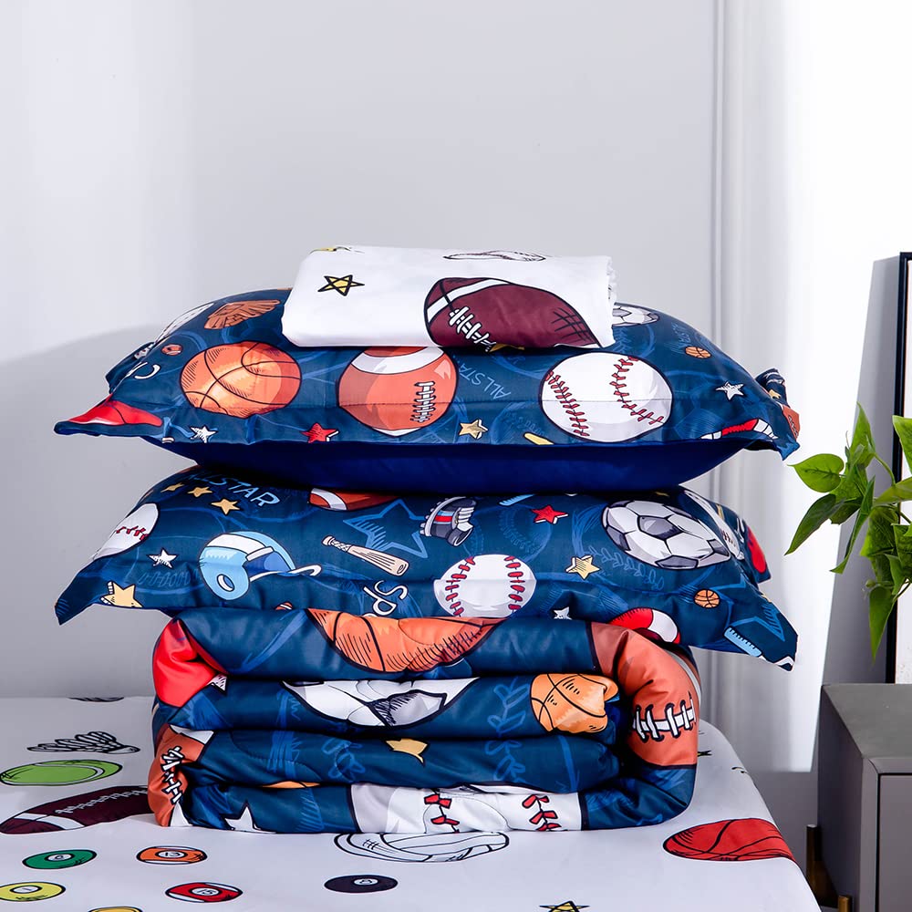 Wajade Sports Comforter Set - 7 Piece Queen Bedding with 3D Soccer, Basketball, Baseball, Football Design for Kids