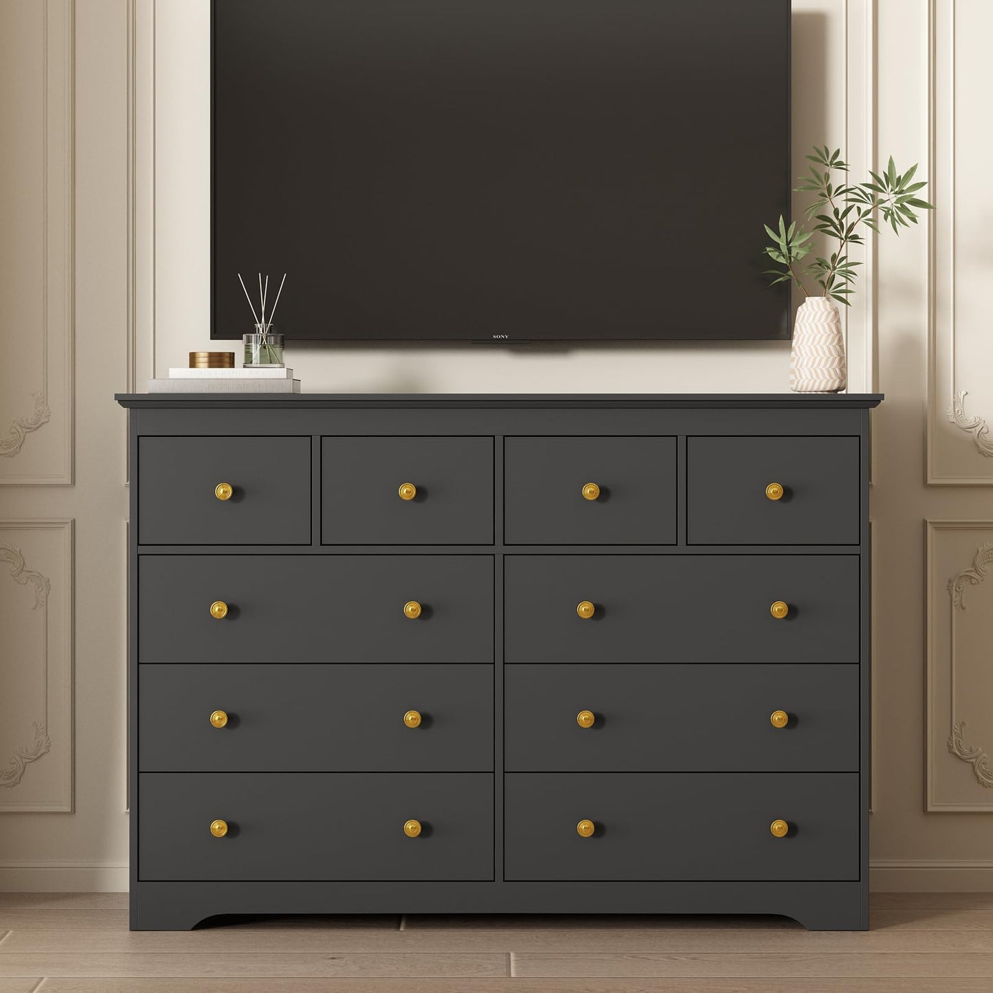 LYNSOM Modern 10 Drawer Dresser, 55.1" Wide Dressers & Chests of Drawers with Large Capacity Storage, Mid Century Black Dresser for Bedroom, Hallway, Black