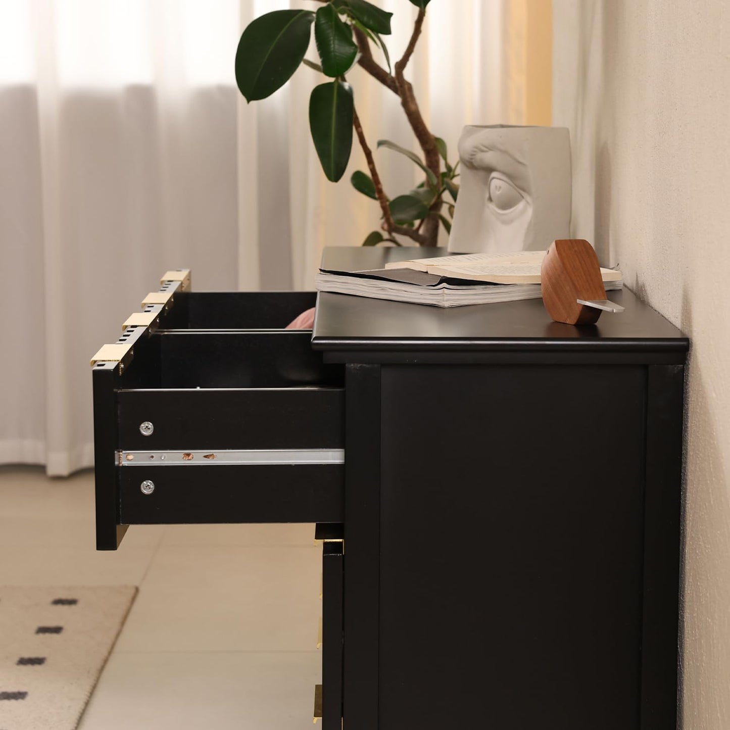 LAZZO 6 Drawer Dresser for Bedroom Black Fluted Wooden Dresser Tall Chest of Drawers with Double Golden Handles Modern Storage Chest TV Stand Storage Cabinet for Living Room, Hallway，Closet