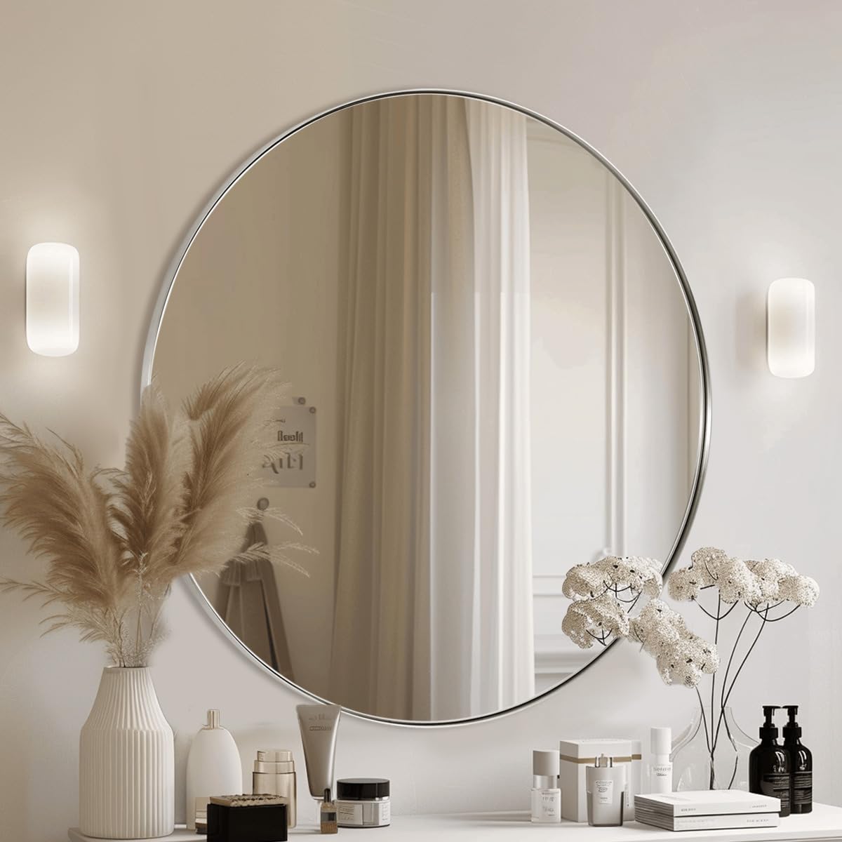 ANDY STAR 36'' Chrome Round Mirror, Polished Silver Round Bathroom Mirror, Big Circle Wall Mirror in Metal Frame, Large Vanity Mirror for Entryway, Living Room, Washrooms