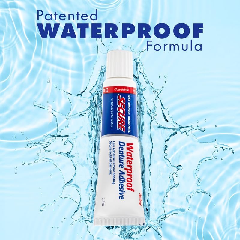 Secure Waterproof Denture Adhesive - Zinc Free - Extra Strong 12 Hour Hold - 1.4 oz (Pack of 2)