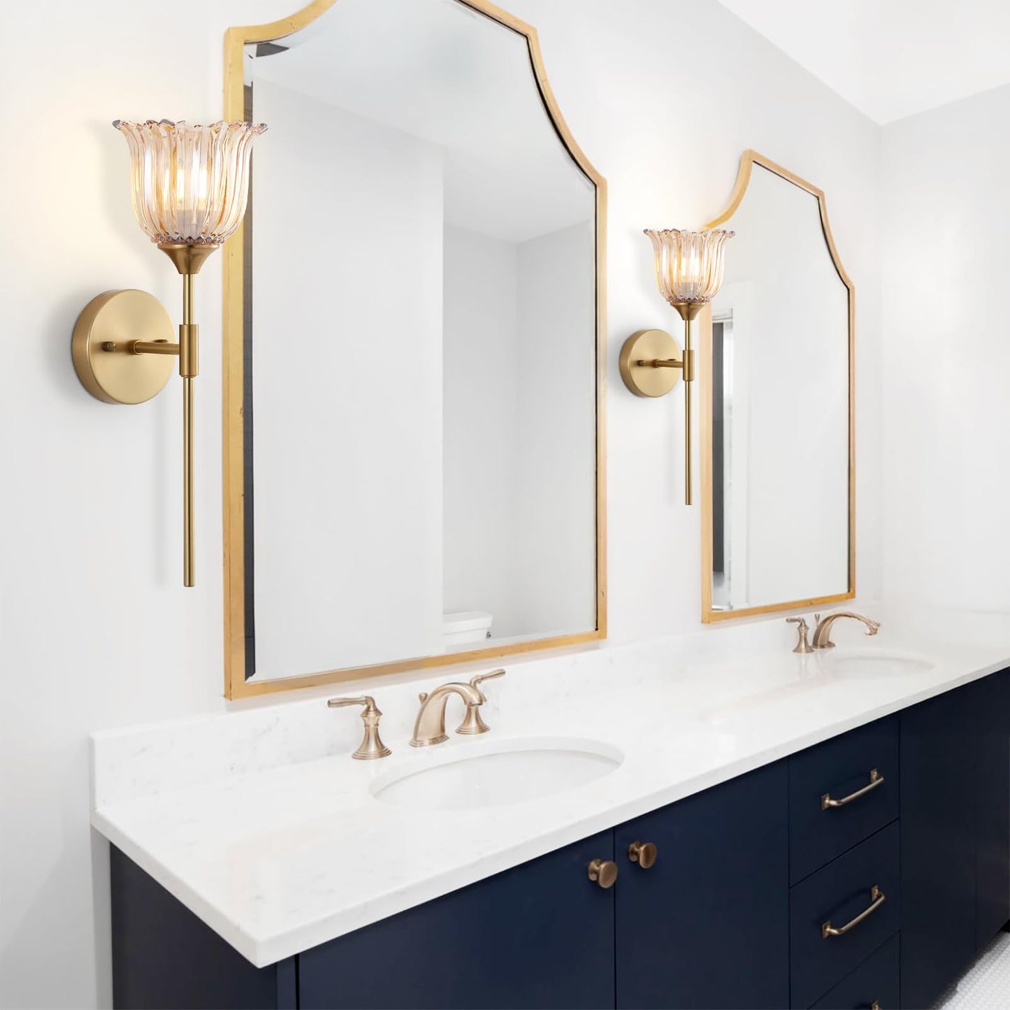 BYOLIIMA Gold Wall Sconce Set of 2 with Amber Glass Shades Modern Mid Century Bathroom Vanity Wall Light Fixtures Industrial Brushed Brass Wall Lamp for Bedroom Mirror Living Room Restaurant