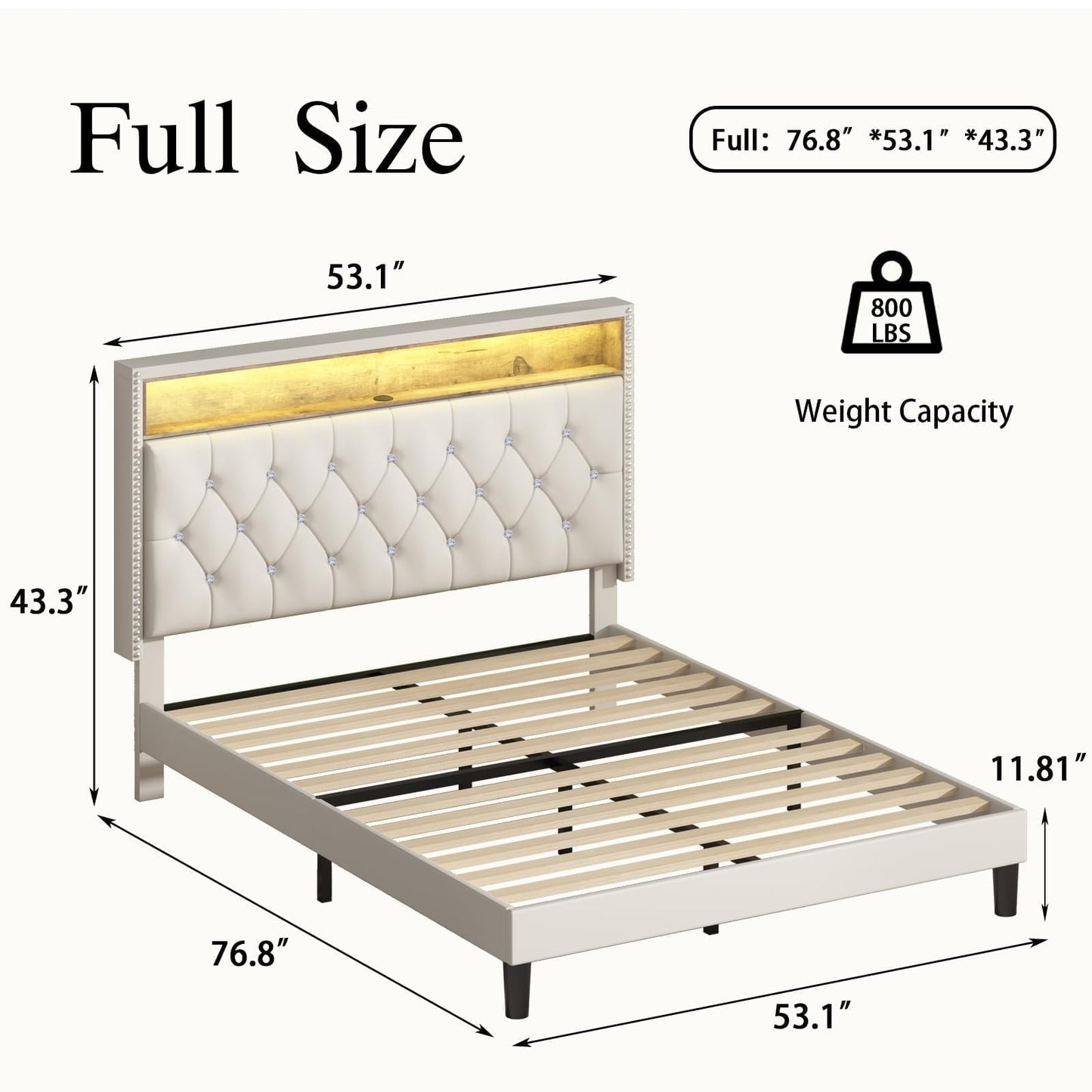 Full Size Bed Frame with LED Lights, Velvet Upholstered Platform Bed with Storage Headboard and Charging Station, Full Bed Frame with Diamond Design, Wood Slats Support, No Box Spring Needed, Beige