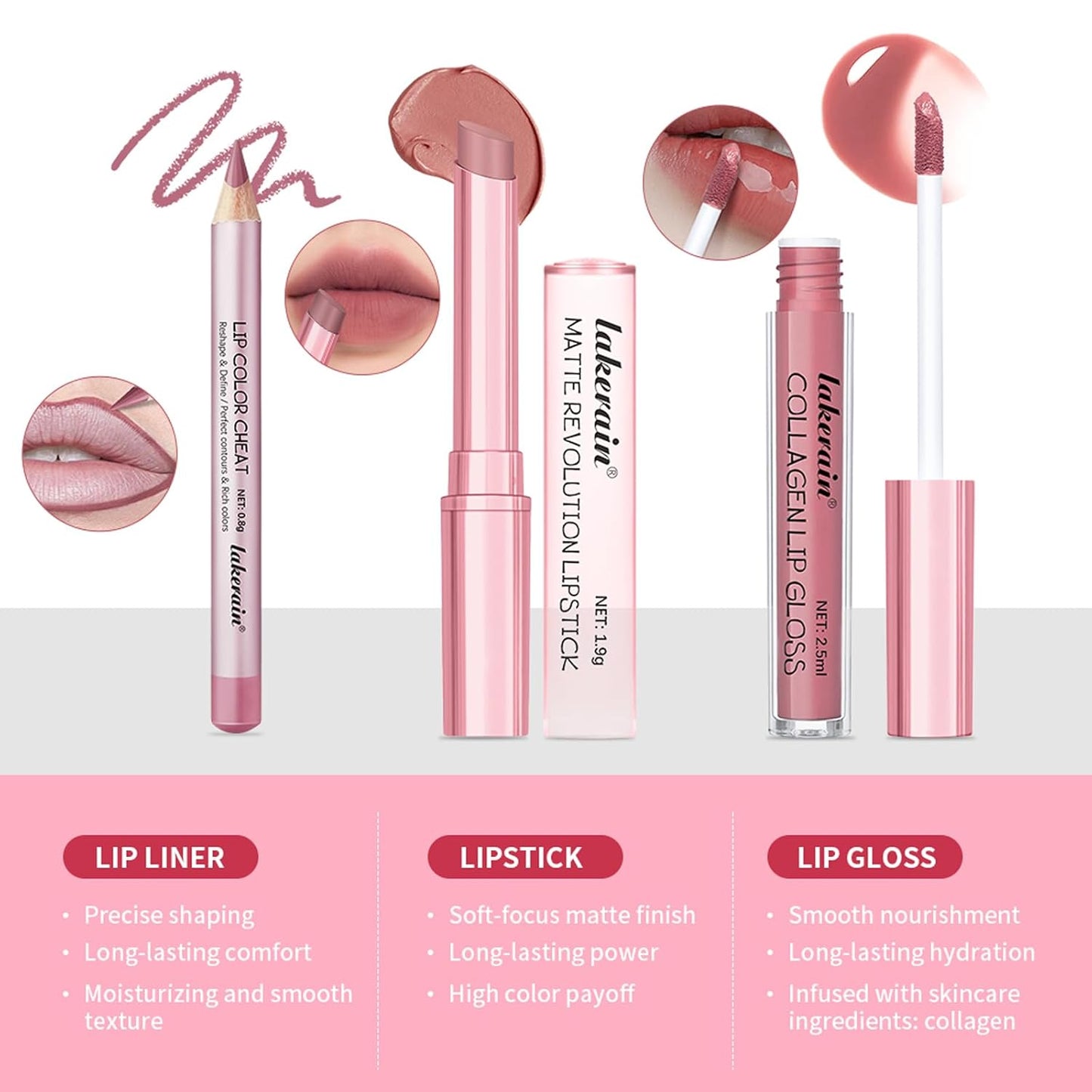 3PCS Lip Liner and Lipstick Combo Set - Matte Lip Liner Pencil, Velvet Matte Lipstick & Hydrating Collagen Lip Gloss - Long-Lasting, Smudge-Proof, High Pigment Nude Brown Lip Makeup Kit (Set 4, 3)