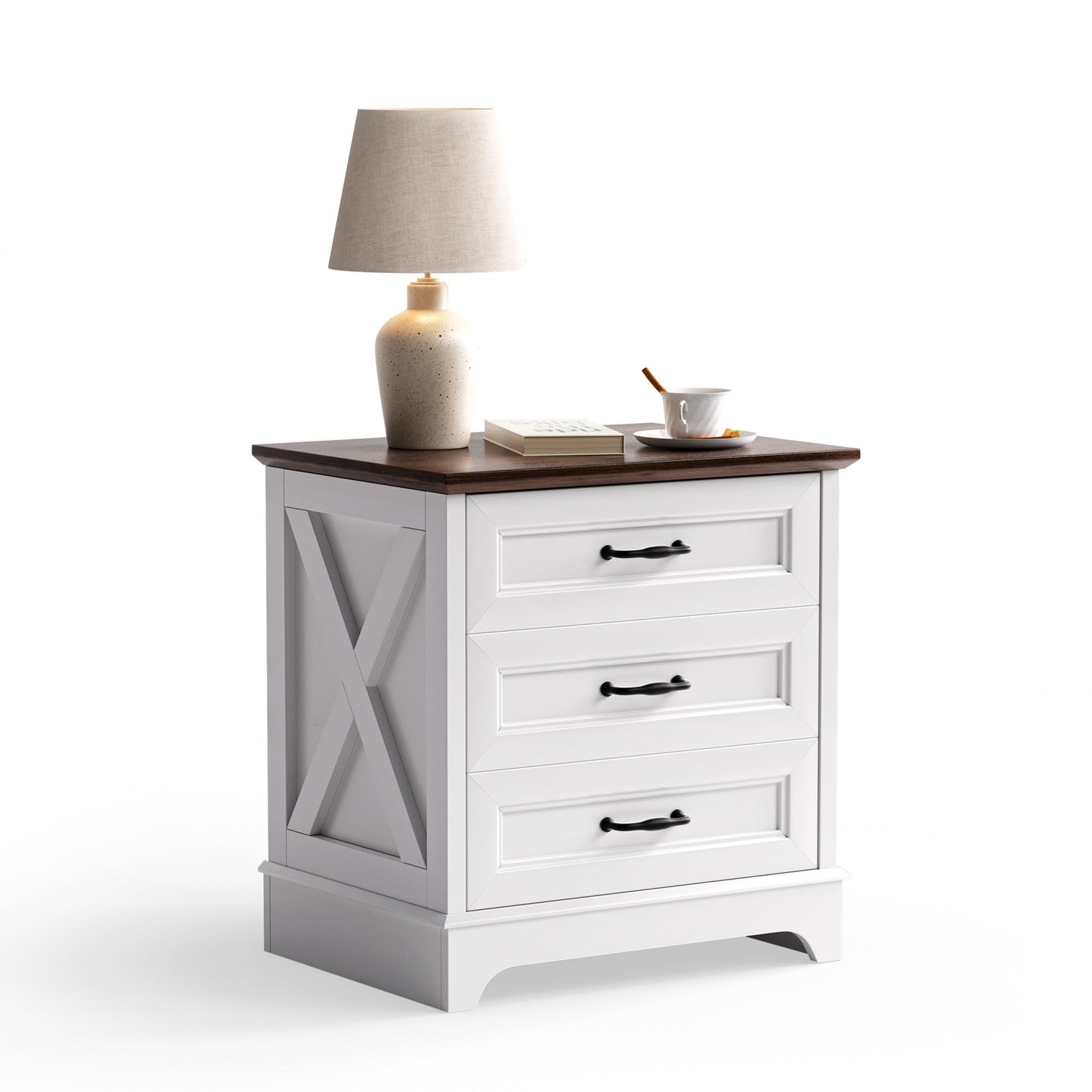 GRUSIGN Nightstand with Drawers - 22.44" Wide End Table with 3 Large Drawers & Bar Handles, Small Rustic Wood Chest of Drawers for Bedroom, Living Room, Closet