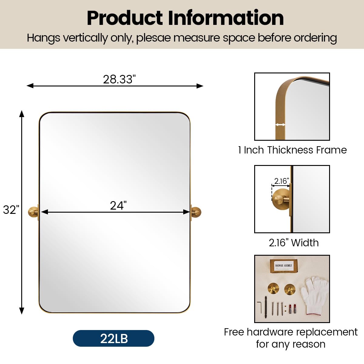 MOON MIRROR Brushed Gold Pivot Mirror,Brass Tilt Rectangle Pivot for Bathroom, Overall 28.33 x 32 in (Mirror 24x 32 in)