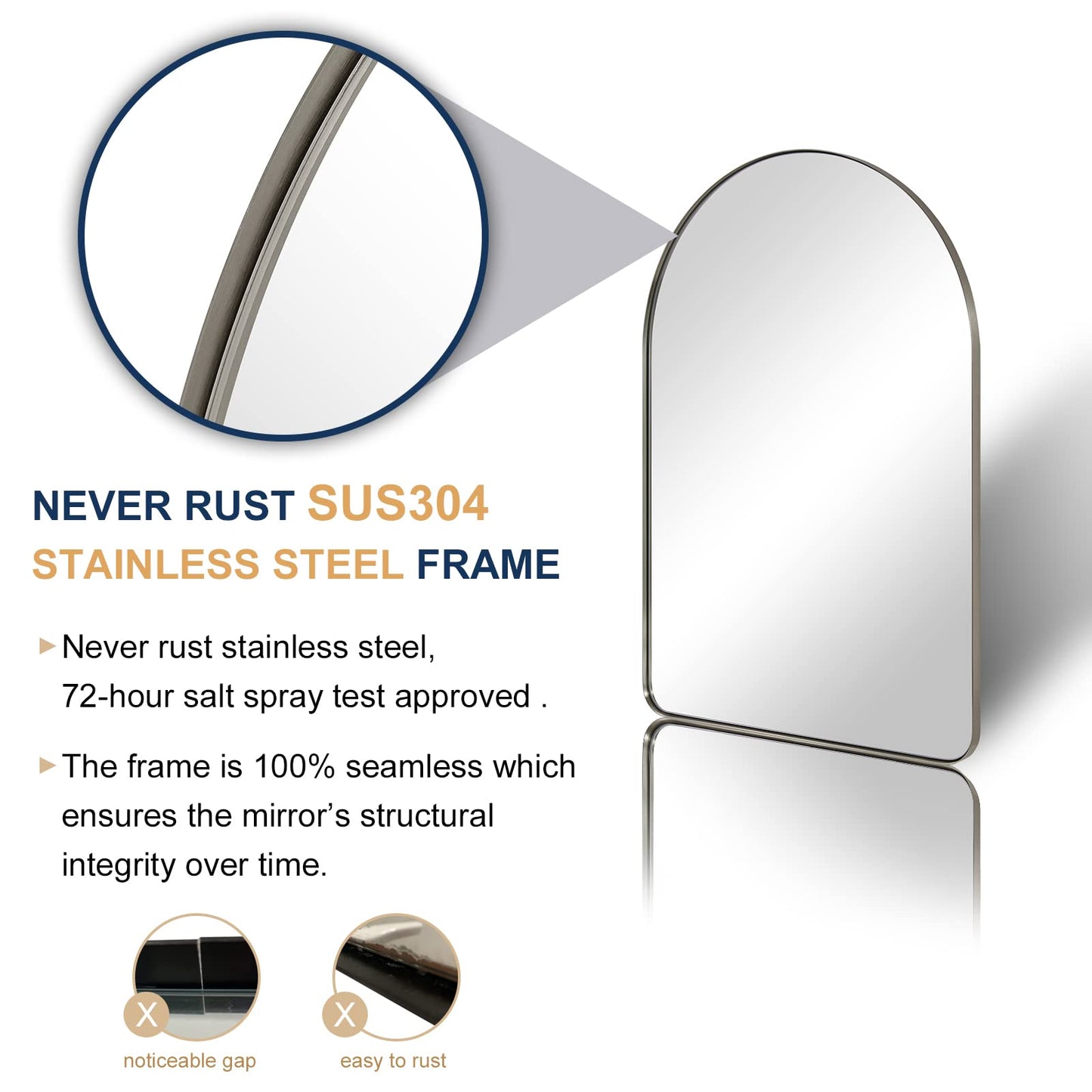 ANDY STAR Arched Mirror, 20" x 30" Brushed Nickle Bathroom Mirror in Stainless Steel Metal Frame, Arch Top Rounded Corner 1" Deep Set Design Wall Mount Hangs Vertical