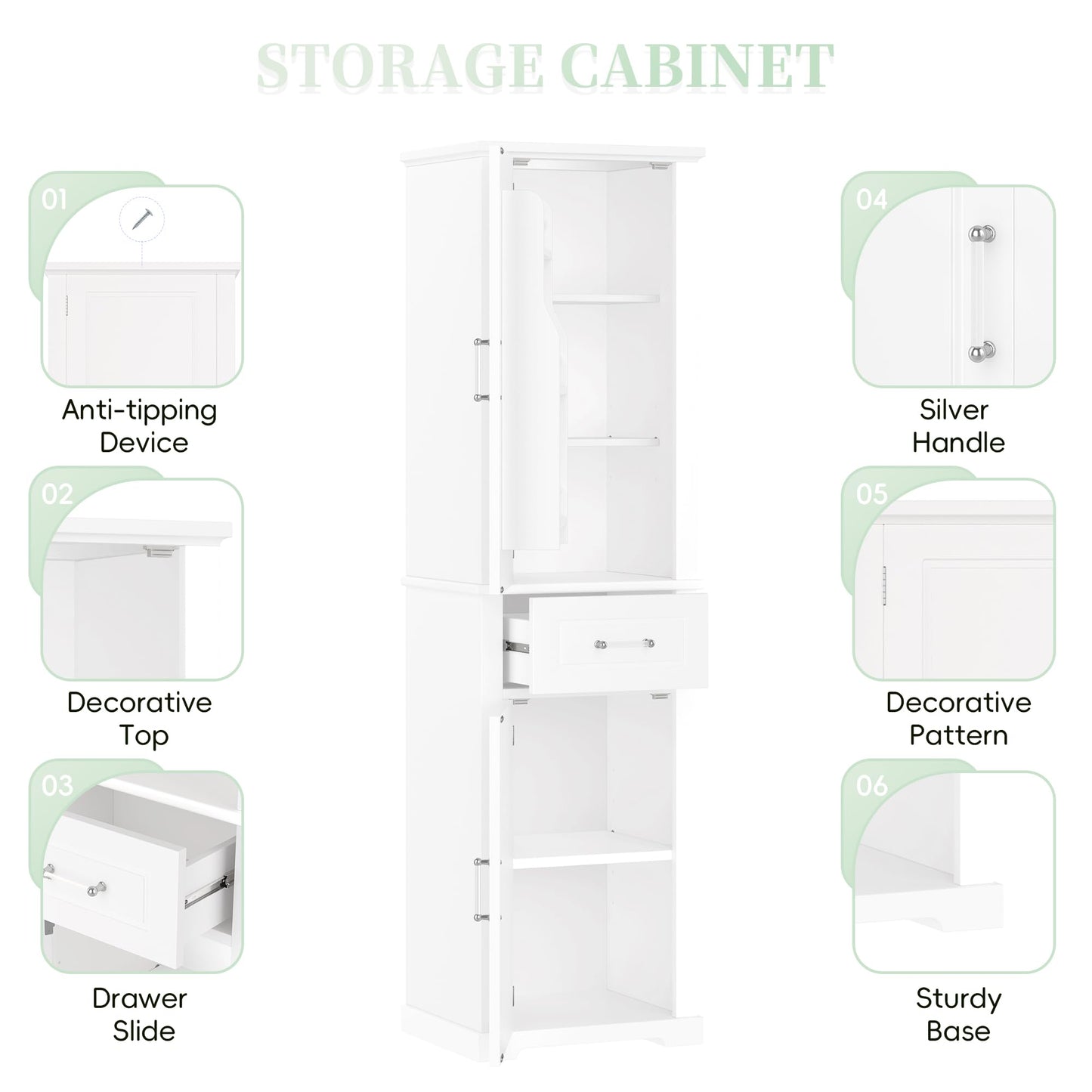 Guxeei Tall Storage Cabinet, Bathroom Floor Freestanding Storage Cabinet with 2 Doors, One Drawer, Door Shelve Design, and Adjustable Shelf for Bathroom, Office, Living Room, White