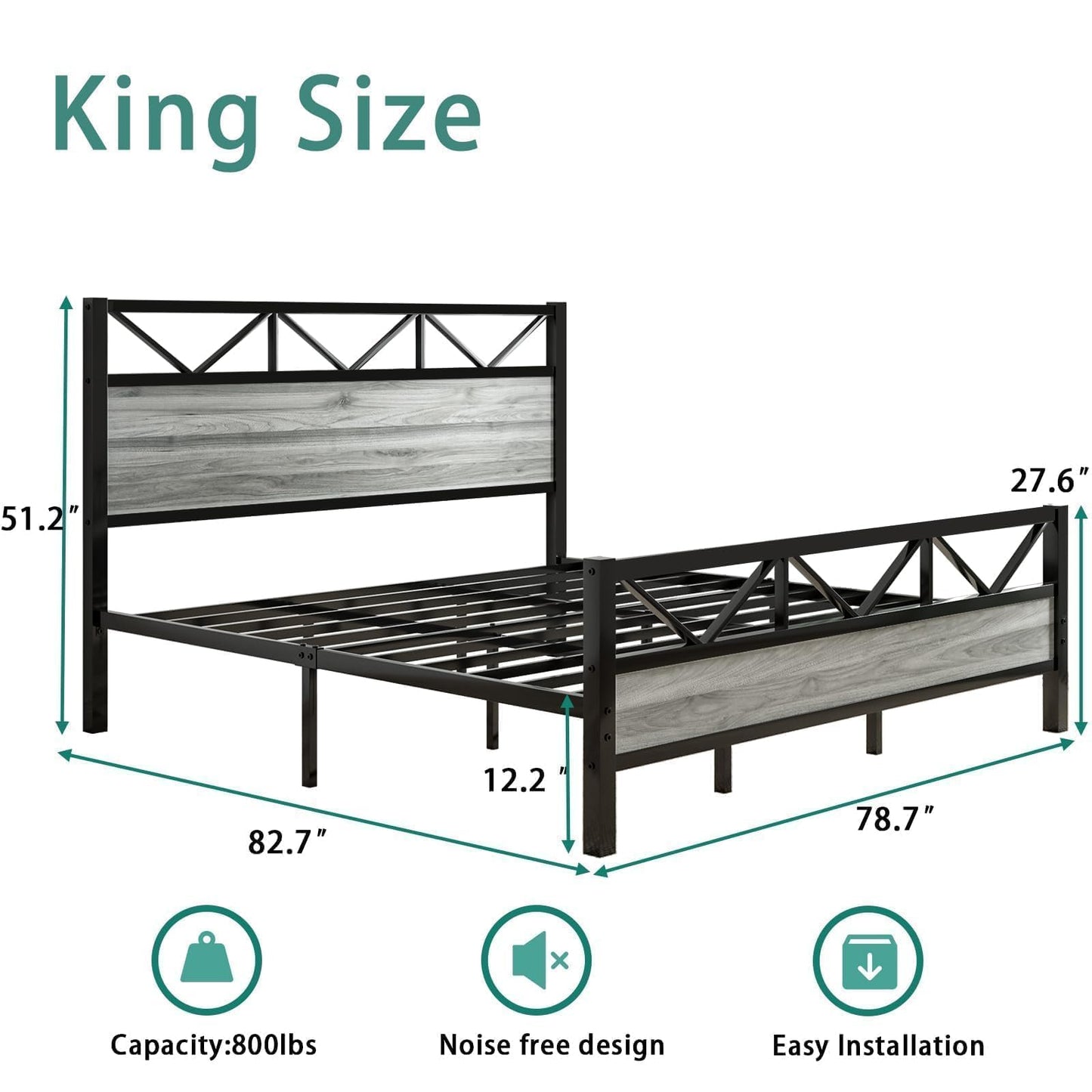 CHABUILDREARK King Bed Frame and Headboard, Industrial 51.2" Tall Headboard, King Platform Bed Frame with Heavy Duty Metal Slats Support, No Box Spring Needed, Noise-Free, Easy Assembly, Wash Grey