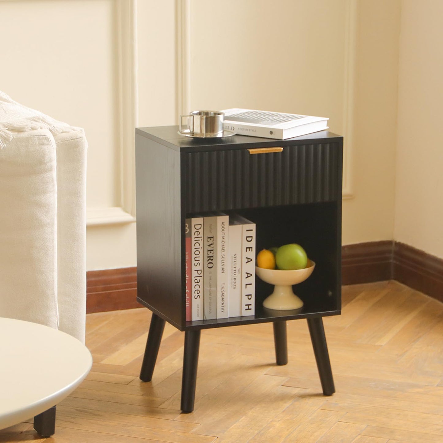 Fultyle Fluted Black Nightstand with Charging Station, Mid Century Modern Bedside Table with Drawers and Outlet,Side Tables Living Room, Wooden Night Stand for Bedroom, Office (Black)