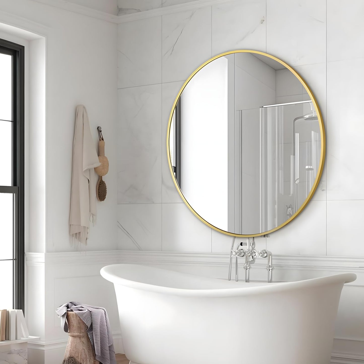 PUZONJIG Round Mirror 24 Inch Gold Round Bathroom Mirror Wall Mirror Brushed Metal Frame Anti-Rust Tempered Glass for Bathroom Bedroom Entryway Living Room