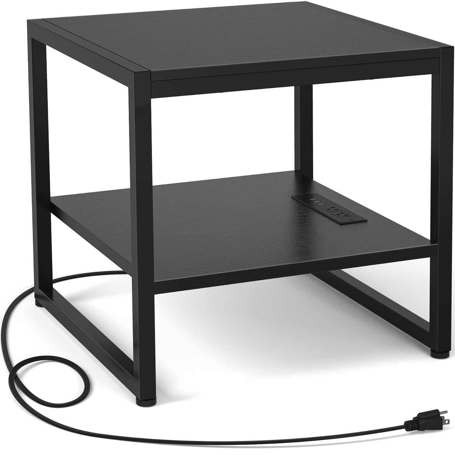 Homieasy End Table with Charging Station, 20 Inch Mini Fridge Stand with 2-Tier Open Shelf, Square Bedside Nightstand & Sofa Side Table for Living Room, Dorm, Office, Black