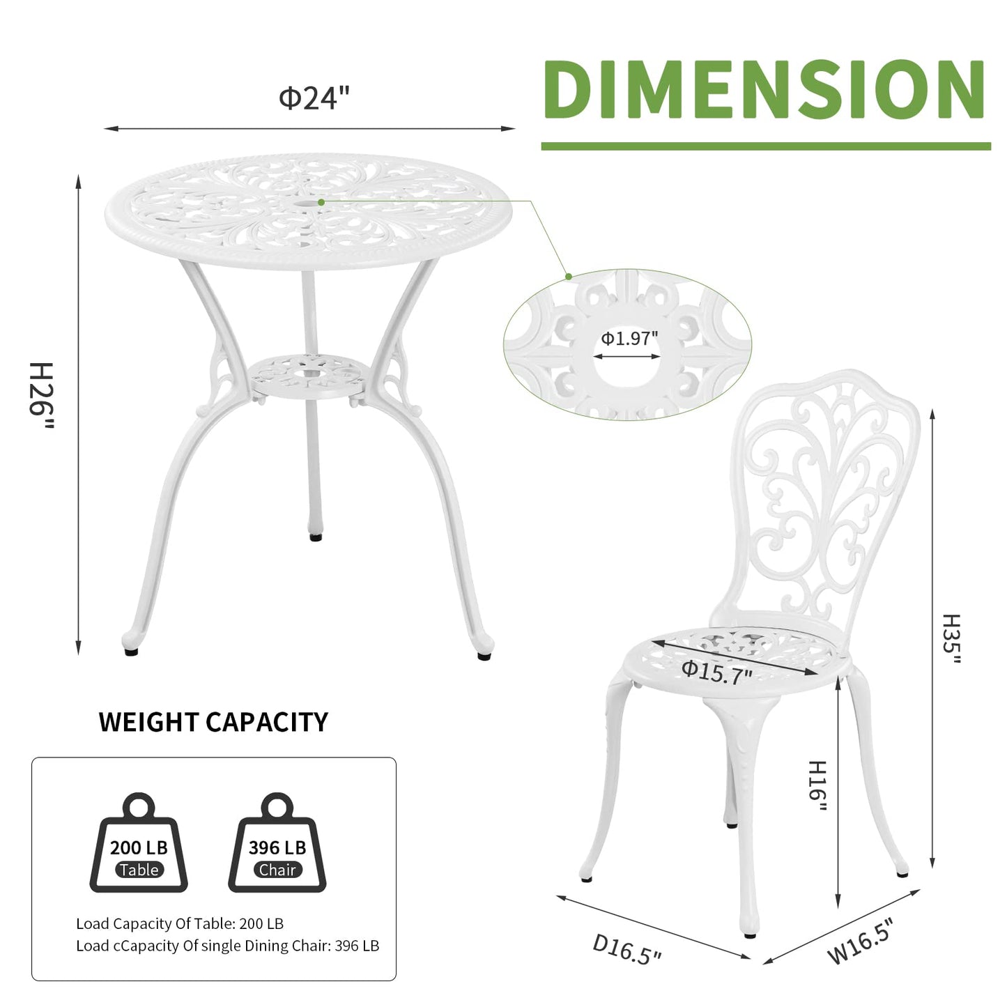 Withniture 3 Piece Patio Set Outdoor Cast Aluminum Patio Bistro Table and Chairs Set of 2,All Weather Outdoor Bistro Sets with 1.97" Umbrella Hole for Front Porch Set,Garden(White)