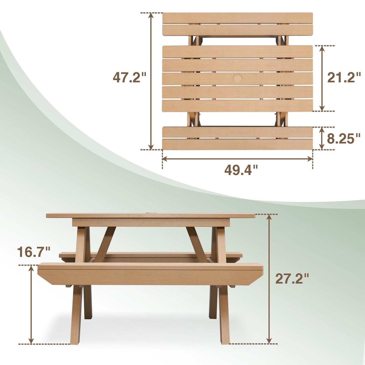 Psilvam Picnic Table - Heavy Duty Poly Lumber with Umbrella Hole & Integrated Benches, 100% Waterproof All-Weather for Patio, Garden (Teak Color)