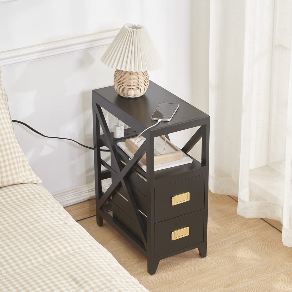 BECTSBEFF Fully Assembled Narrow Side Table with Charging Station, No Assembly Narrow Nightstand with USB Ports, Pre Assembled Skinny End Table with Outlets for Living Room, Bedroom-Black