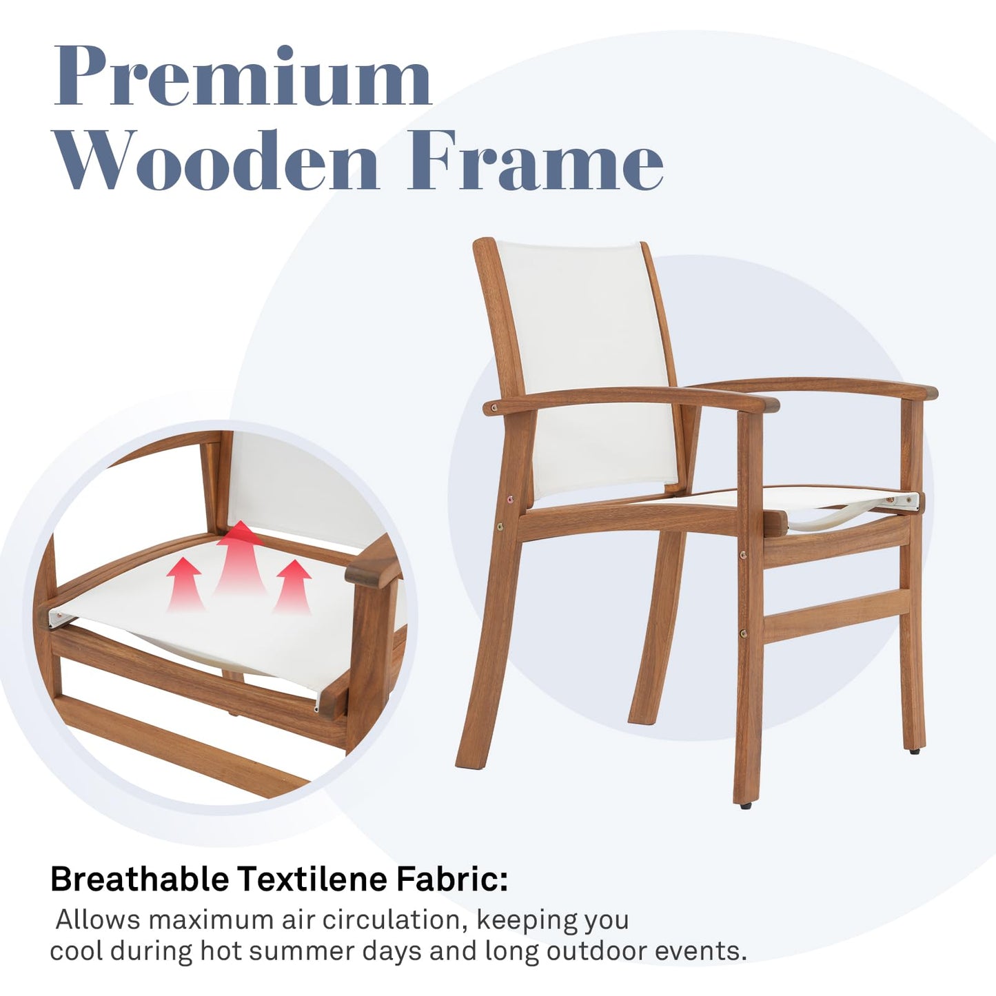 OC Orange-Casual Patio Furniture Set, Acacia Wood Patio Dining Set for 6-8, Outdoor Expandable Table and Chairs Set with Umbrella Hole and Breathable Textilene Fabric for Garden (White, 5 Pieces)