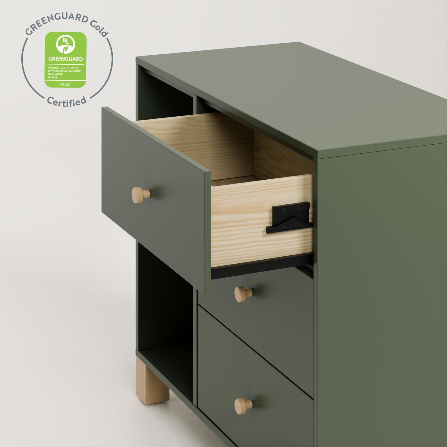 Storkcraft California 3 Drawer Combo Dresser (Olive with Driftwood) – GREENGUARD Gold Certified, Interlocking Drawer System, Pre-Installed Drawer Tracks for Easier Assembly, Spacious Cabinet