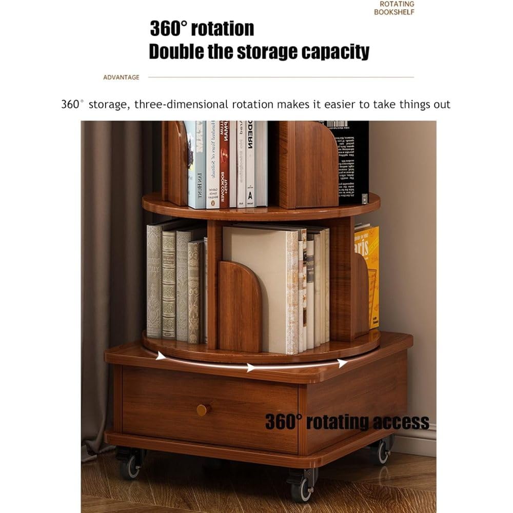 Hayiodda Modern 6 Tier Rotating Bookshelf with Drawer and Wheels, 360° Spinning Tall Bookshelf for Small Spaces, Slim Spining Bookcase for Bedroom, Living Room, Office, Walnut (6 Tier)