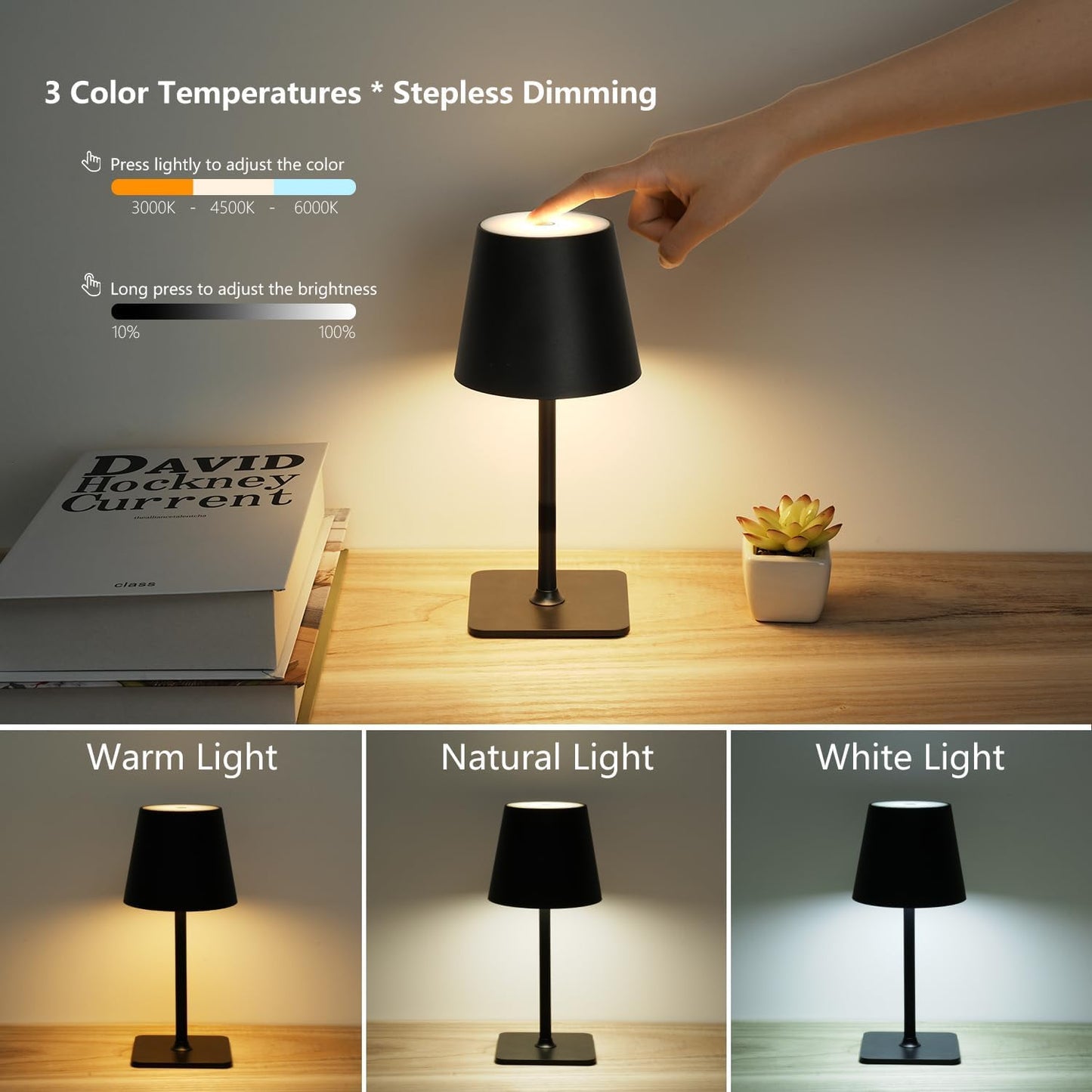 Fizrice Cordless Table Lamp Rechargeable Lamps: 6000mAh Battery Operated Table Lamp Outdoor Waterproof, Touch Control, Portable Wireless Desk Lamp for Dinner/Bedroom/Restaurant(Black 2 Pack)