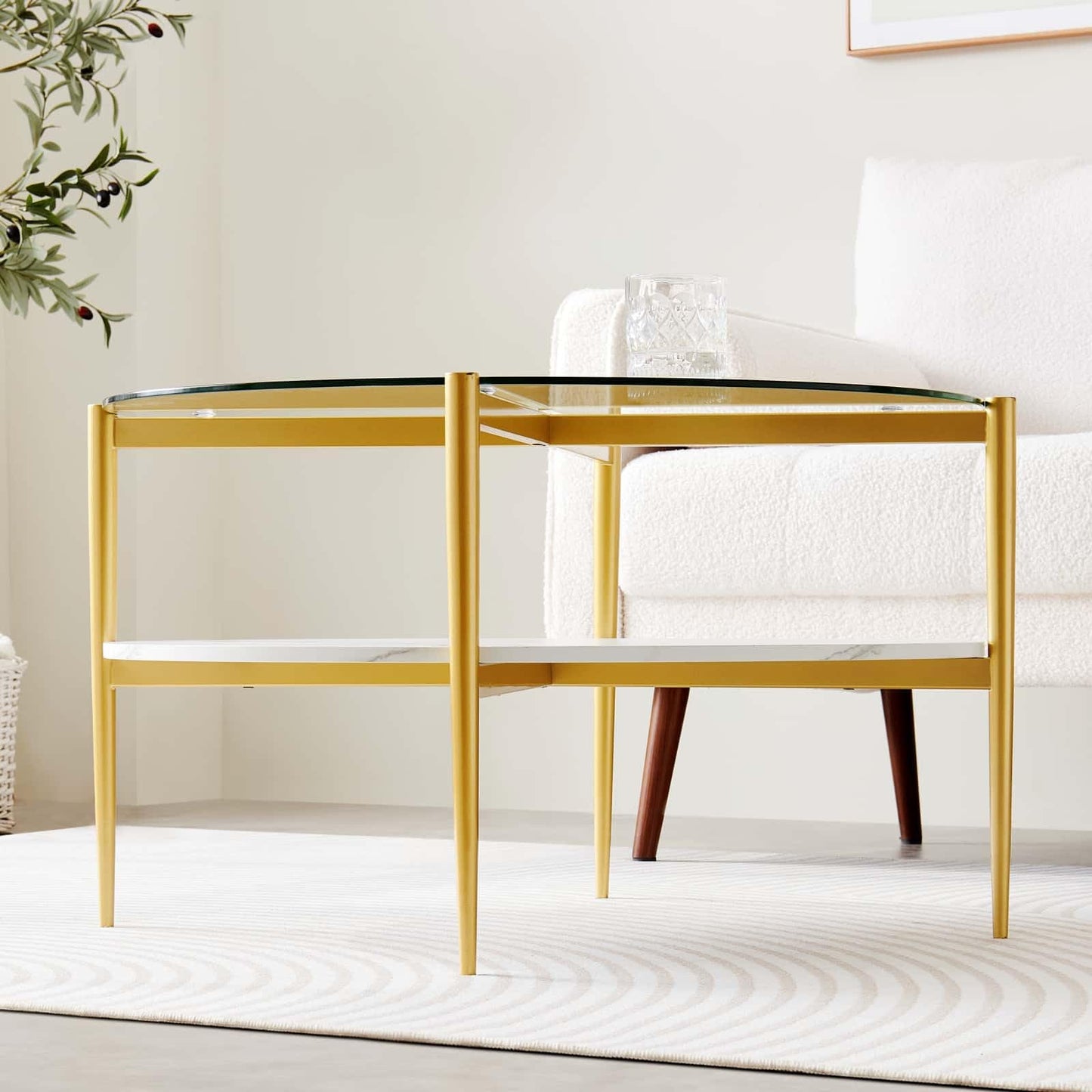 LumFurn Round Coffee Table for Living Room, Mid-Century Modern Design, D30 x H17, 2-Tier Structure, Clear Glass Top and White Marble Finish Wood Shelf, Sleek Conical Metal Legs with Gold Finish Frame