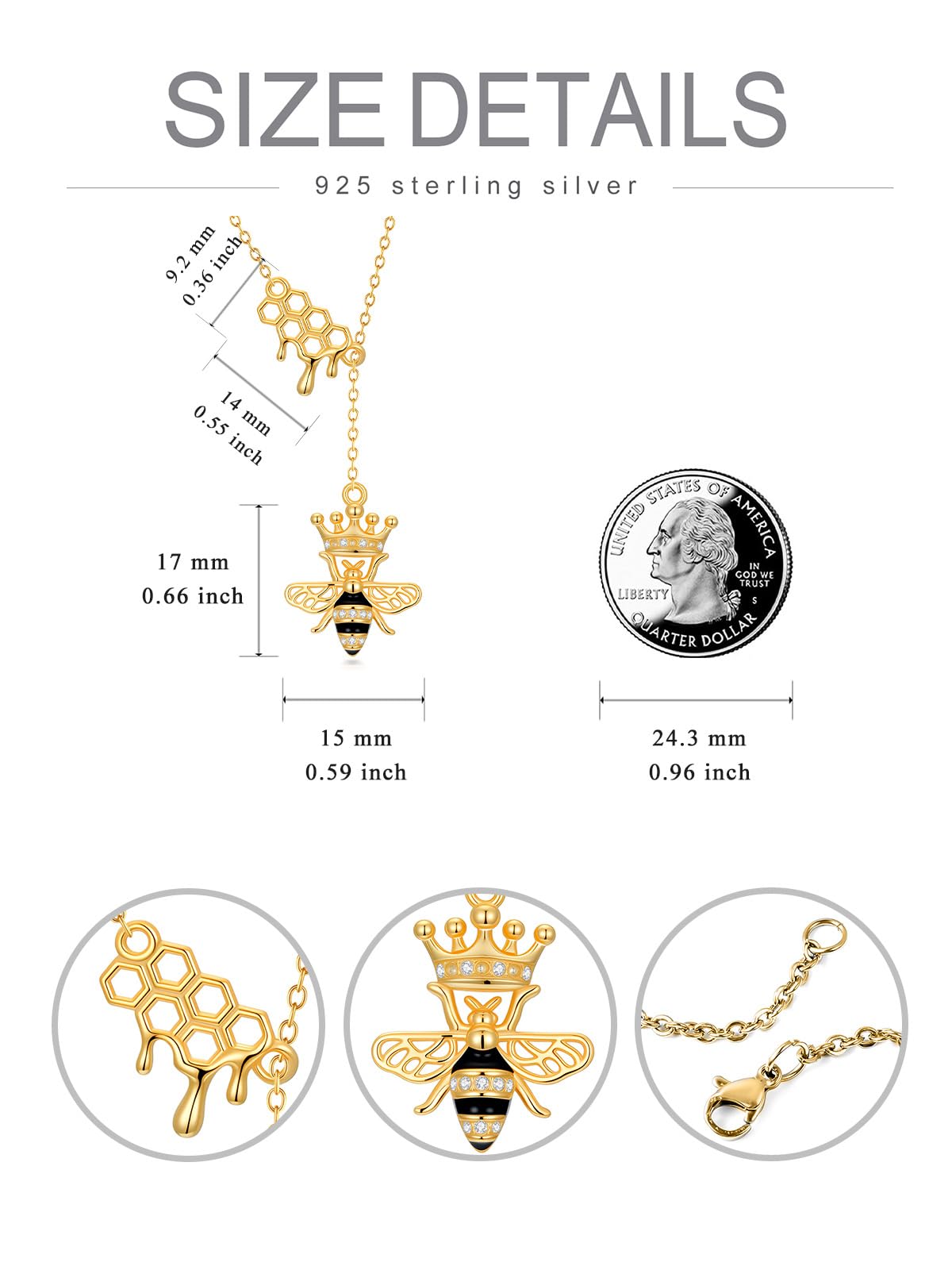 Lypic Bee Necklace 925 Sterling Silver Queen Bee Necklace with Honeycomb Bumblebee Crown Jewelry Gifts for Women