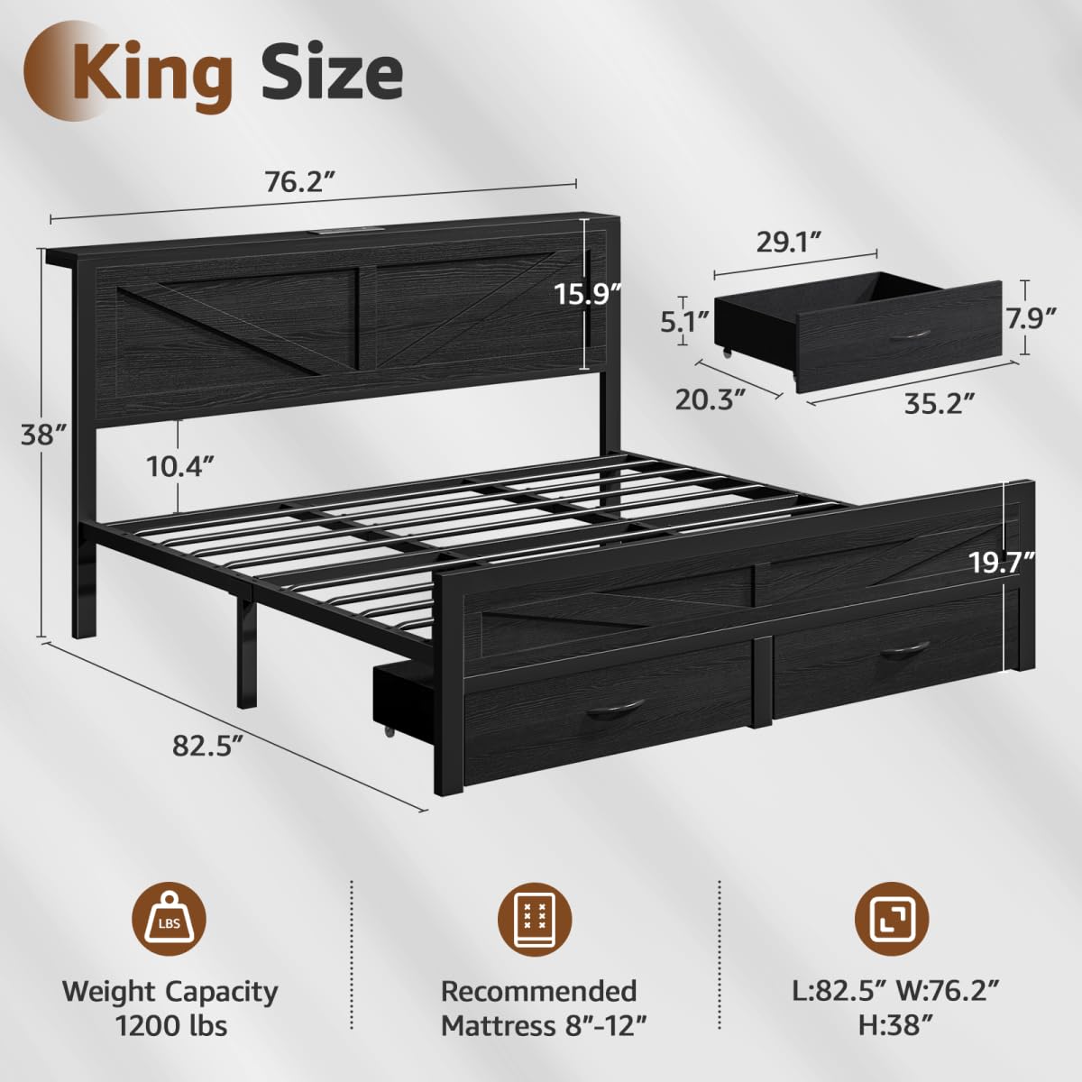 Siihnon Rustic King Size Bed Frame with Storage Drawers and Barn Door Headboard, Farmhouse LED King Bed Frame with Charging Station, Metal Industrial Platform Bed Frames, No Box Spring Needed, Black