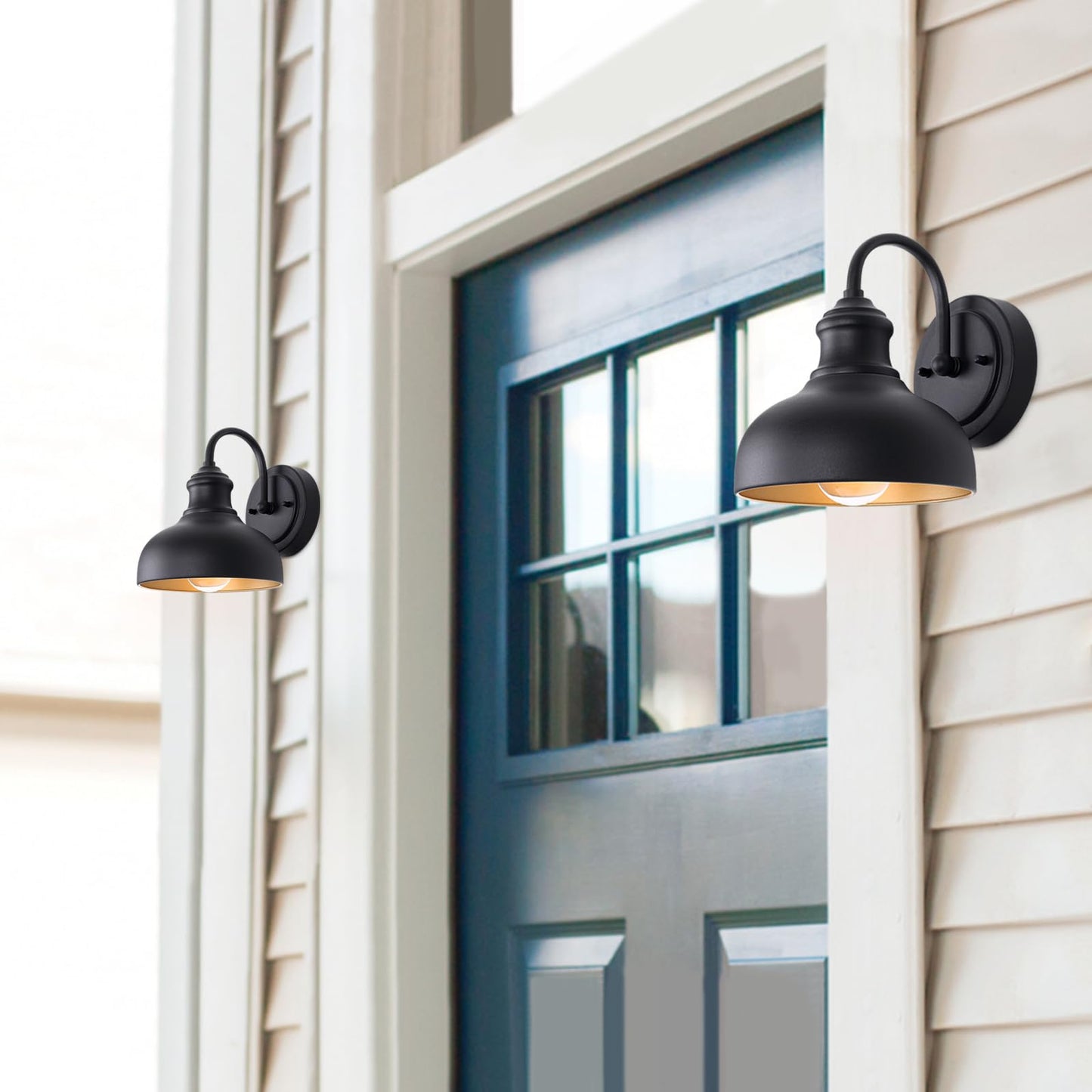 GOALPLUS Black Outdoor Gooseneck Lighting for Barn 7 Inch Farmhouse Exterior Light Fixtures with Wall Mount, Small Porch Light with Brass Interior, Outside Gooseneck Wall Sconce for House Garage Patio