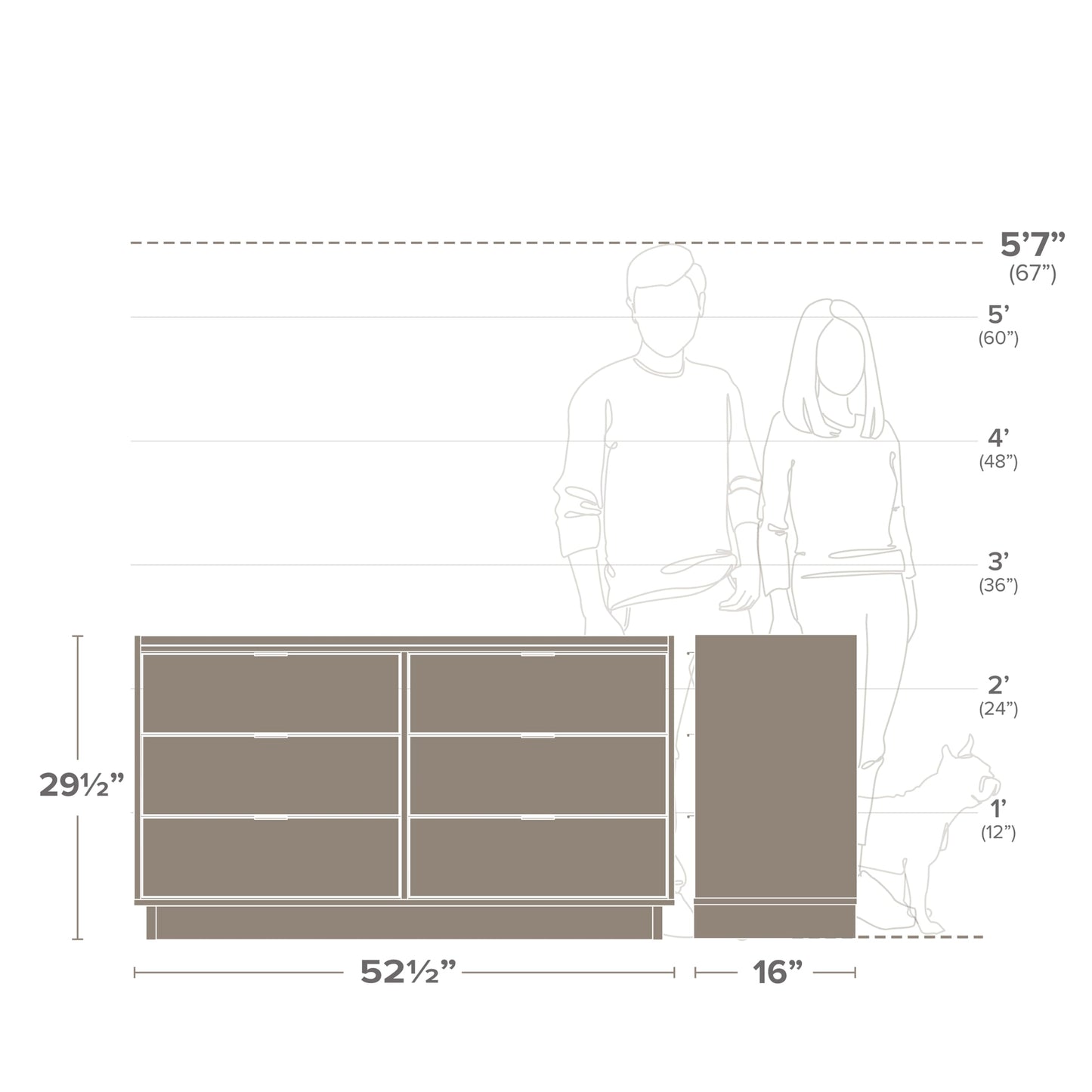 Prepac Simply Modern 6-Drawer Double Dresser for Bedroom, Chest of Drawers, Modern Bedroom Furniture, 52.5” Wide x 16” deep x 29.5” Tall, Oak