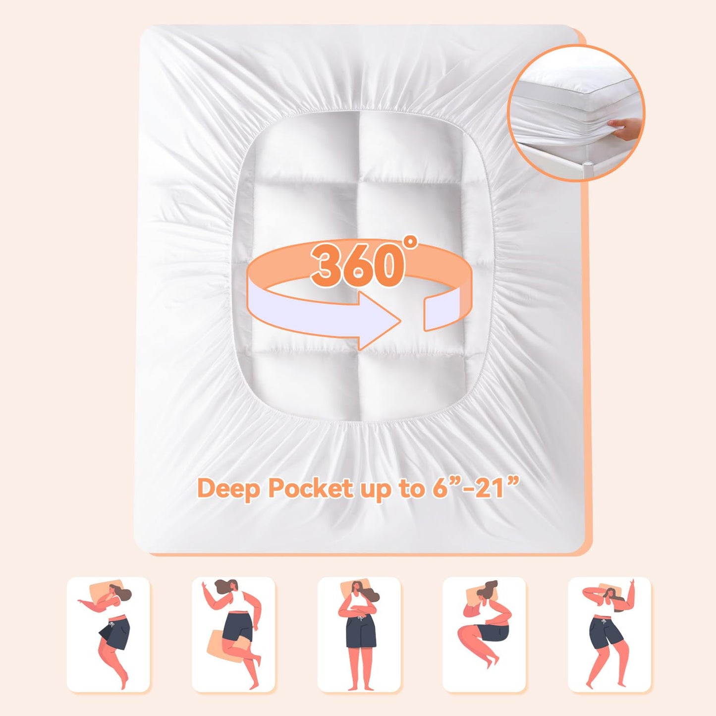 Topllen Full Mattress Topper for Back Pain Relief, Extra Thick Pillow Top Plush Mattress Pad with Deep Pocket, Soft Pillowtop Full Size Bed Toppers Filled Fluffy Down Alternative, White