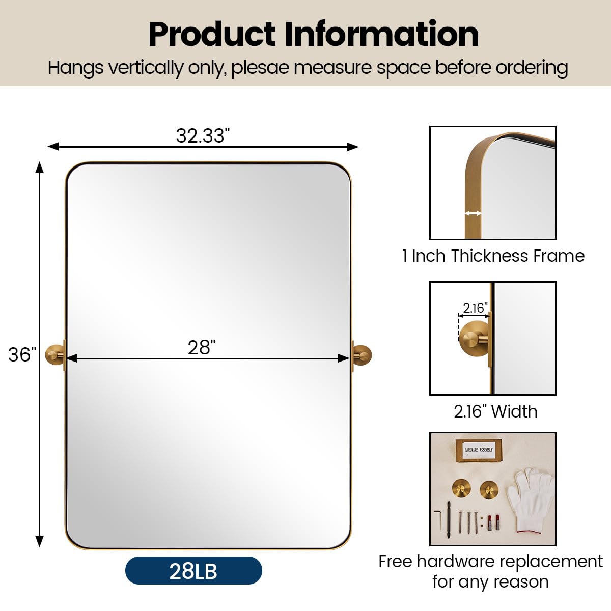 MOON MIRROR Gold Brass Pivot Rounded Rectangle Bathroom Mirror, Brushed Gold Tilt Mirror, Overall 32.33 x 36 in (Mirror 28x 36 in)